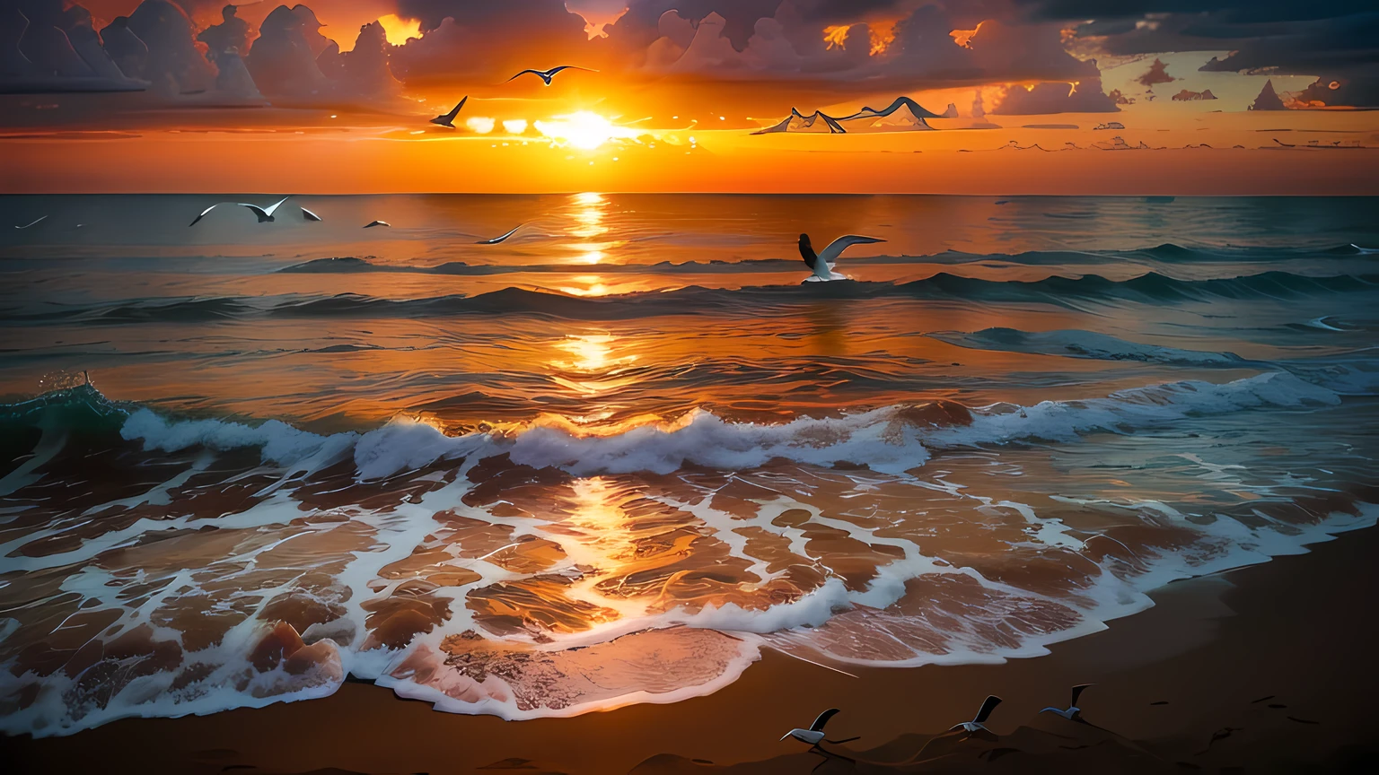 An absolutely mesmerizing sunset on the beach, with a mix of orange, pink, and yellow in the sky. The water is crystal clear, gently kisses the coast, and the white sand is endless. The scene is dynamic and breathtaking, with seagulls soaring high in the sky and palm trees swaying softly. Immerse yourself in the calm atmosphere and let the serenity surround you.
