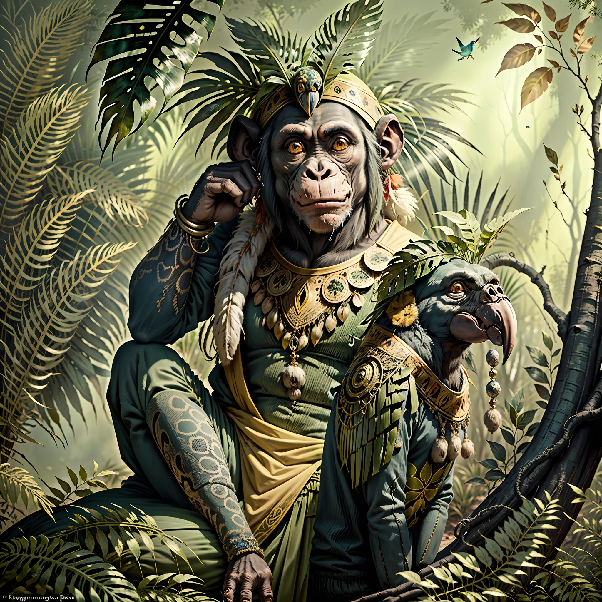 Chimpanzee with indigenous headdress on head, ((praying)) colorful feathers, facing the camera, detail: sitting in the middle of dense tropical foliage, (Snake Naja next door),,(Macaws sitting on the branch of the tree),, dense forest, tropical forest, depth of field, highly detailed intricate, ((masterpiece)), ultra hyperrealistic, masterpiece,, ((by Rugendas))