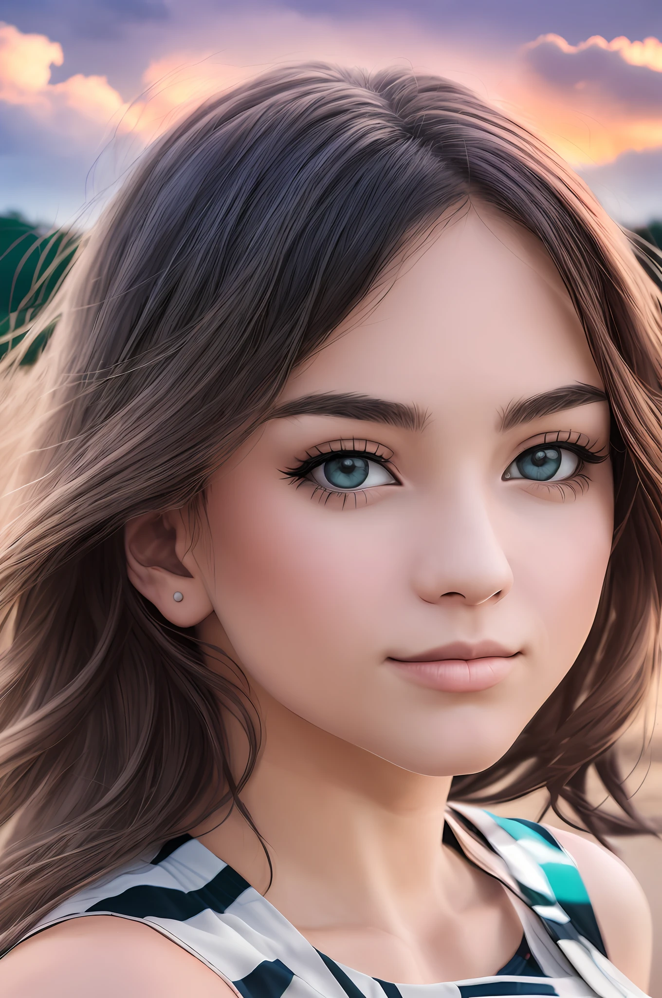 Eveel SG, (Women: 1.2), (Summer Night Sunset: 1.3), (8k, RAW Photo, Best Quality, Masterpiece: 1.2), (Realistic, Photorealistic: 1.37), Best Quality, Ultra High Resolution, (Face Focus: 1.8), (Portrait Face: 1.7), (Large Face: 1.5), (High Contrast: 1.1), (Intense: 1.1), (Detailed: 1.1), (Top Quality, (Analog: 1.2), (High Sharpness), True Shadow, Shot on Canon EOS R6, 135mm, 1/1250 sec., f/2.8,  ISO 400, (summer dress: 1.3), (infield: 1.2), (fancy clouds: 1.3),
