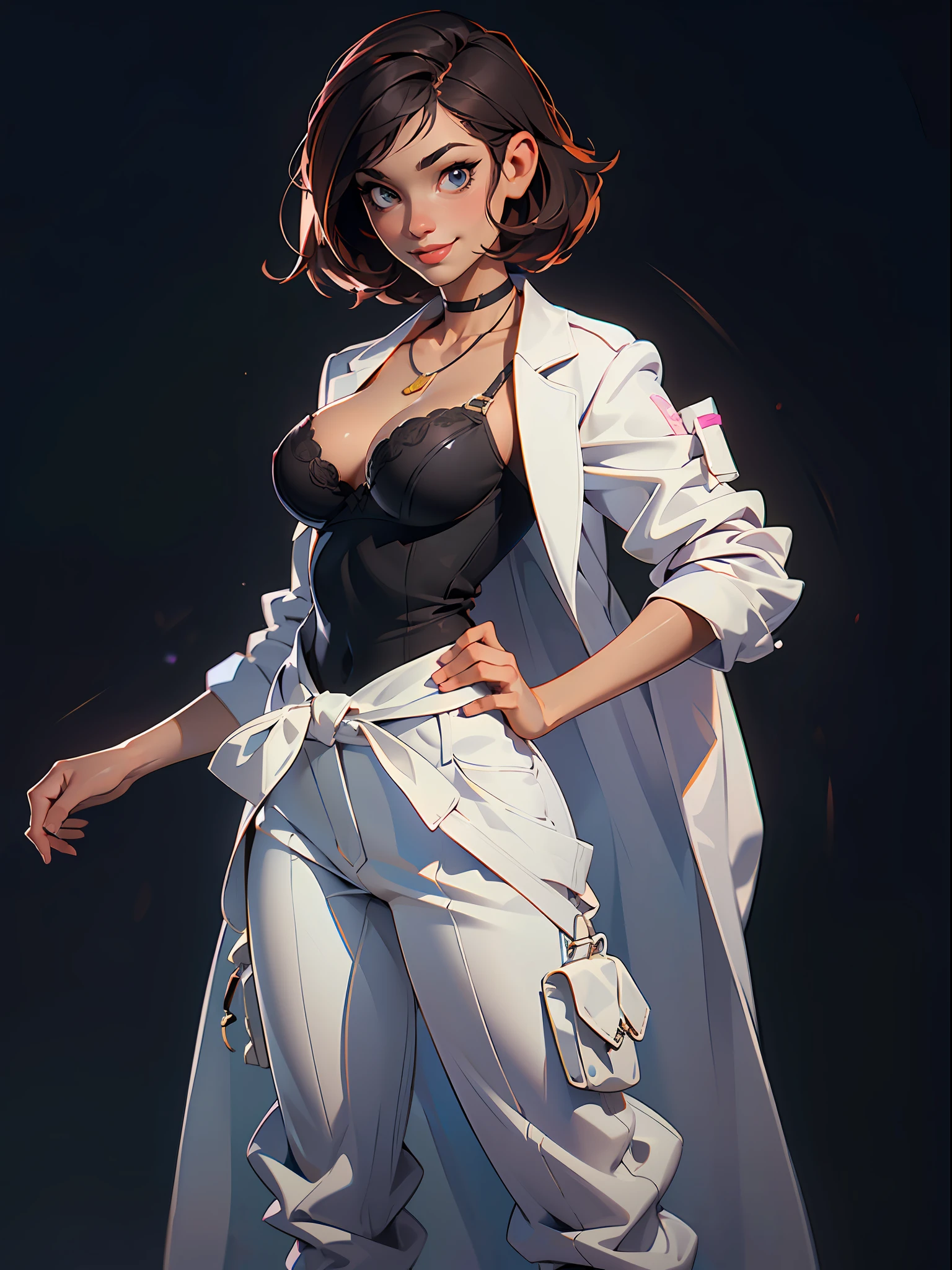 (ultra-realistic rendering, best quality), ((Top Quality, 16k, Masterpiece: 1.3)), (Beauty, 1 Girl), hot shot, aroused, absurdness, perfect anatomy, (Small smile), necklace, choker, dress, (Big breasts:1.3), braless, defined abdomen, labcoat, standing, doctor office background, sexy pose