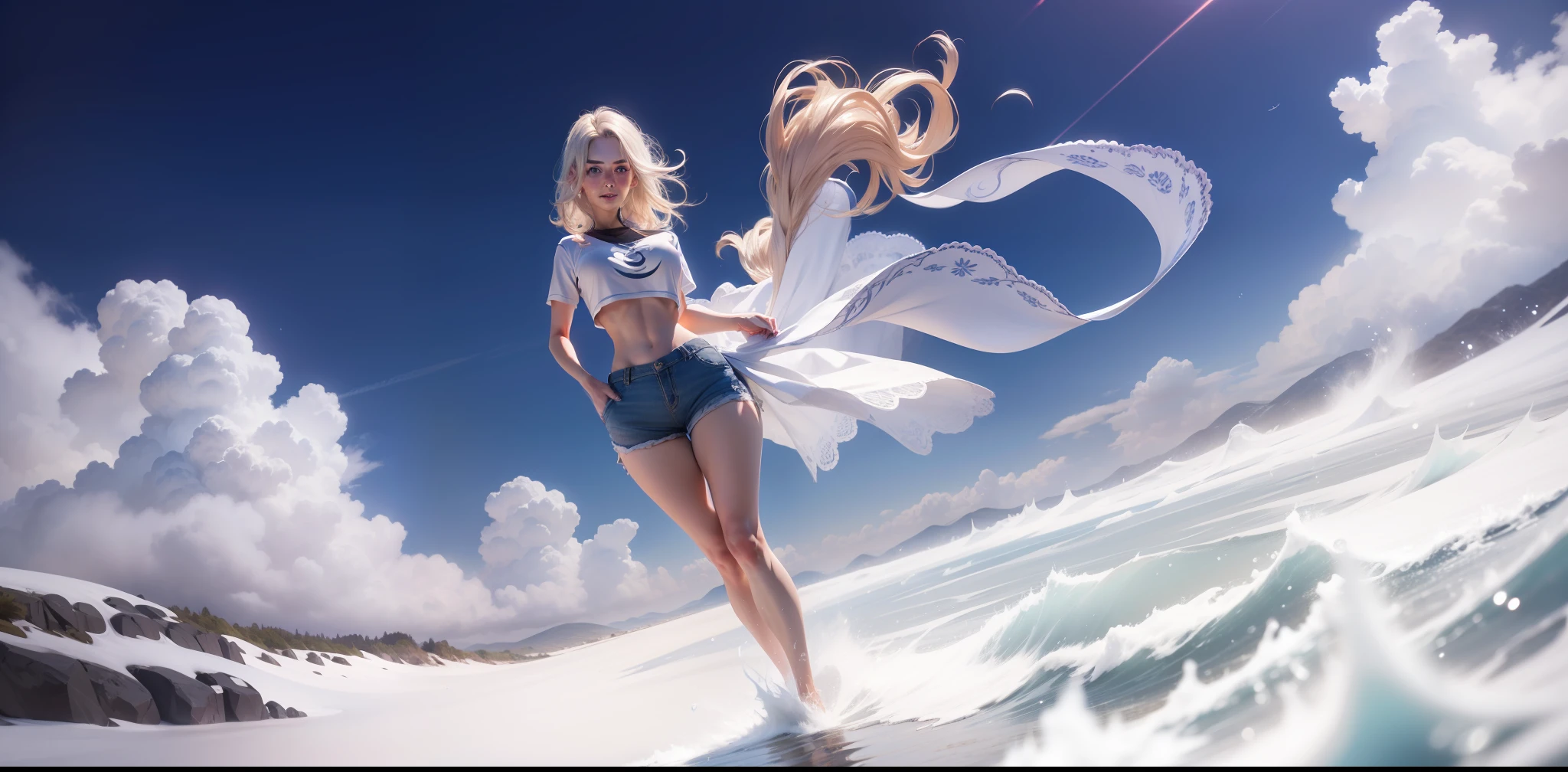 (crop top,:1.3), (photorealistic:1.4), (best quality:1.0), (ultra highres:1.0), 8k, RAW photo, (masterpiece:0.5), ultra-detailed, short, beautiful skin, ultral detailed skin, looking at the viewer, (full body photo: 1.5), light smile, blush, detailed water, ultra detailed sky, wet, depth of field, Alps, { best quality}, {{masterpiece}}, {highres}, extremely detailed 8K wallpaper, (1 girl: 1.5), {extremely delicate and beautiful}, ocean, thin leg, narrow waist, (urban landscape,: 1.4), large breasts, field, rays of light, crossed legs, walking, (behind: 0.7), huge ass, (shorts: 1.3), beautiful golden eyes, eyelashes, shadow, elegant figure, ager, (delicate and detailed skin: 1.7), perspective, thighs