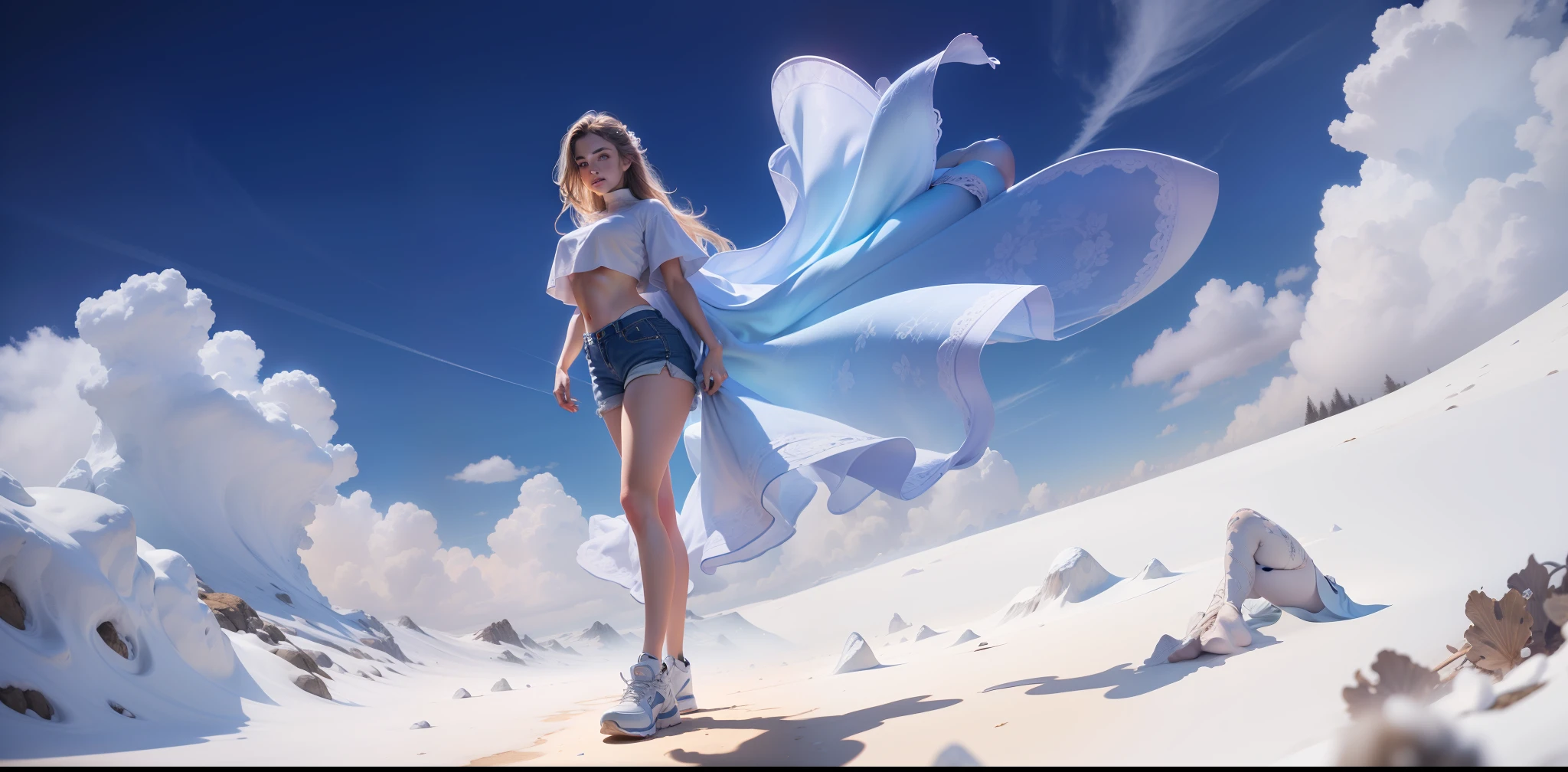 (crop top,:1.3), (photorealistic:1.4), (best quality:1.0), (ultra highres:1.0), 8k, RAW photo, (masterpiece:0.5), ultra-detailed, short, beautiful skin, ultral detailed skin, looking at the viewer, (full body photo: 1.5), light smile, blush, detailed water, ultra detailed sky, wet, depth of field, Alps, { best quality}, {{masterpiece}}, {highres}, extremely detailed 8K wallpaper, (1 girl: 1.5), {extremely delicate and beautiful}, ocean, thin leg, narrow waist, (urban landscape,: 1.4), large breasts, field, rays of light, crossed legs, walking, (behind: 0.7), huge ass, (shorts: 1.3), beautiful golden eyes, eyelashes, shadow, elegant figure, ager, (delicate and detailed skin: 1.7), perspective, thighs