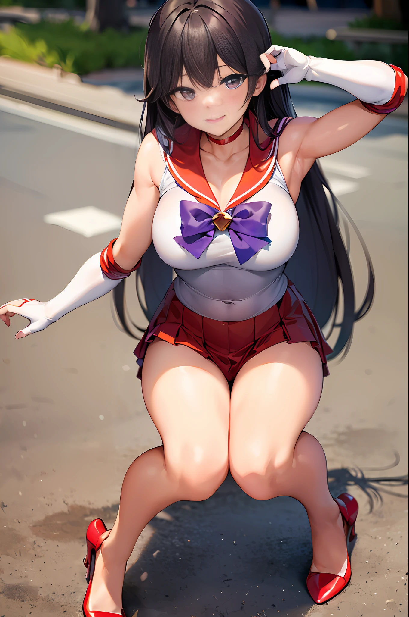 (masterpiece, best quality), High leg, One girl, Tiara, Skirt, Sailor Warrior Uniform, White gloves, Red sailor color, Red skirt, Star choker, Elbow gloves, Pleated skirt, Barefoot, Clavicle, Purple bow, (Red enamel pin heel: 1.4), (Hard 1.4), Smile, Embarrassing, Blushing, (Squatting on the ground: 1.4), ((Crotch wide open left and right: 1.5) ), ((Legs open: 1.5)), Staring at the viewer, (Facing the viewer: 1.5), (Crotch wide open to the viewer: 1.5), (Arms behind the head: 1.4), (Showing off armpits: 1.4), (Front of body: 1.5), Low camera position, (Perfect legs, Perfect arms, Perfect fingertips)