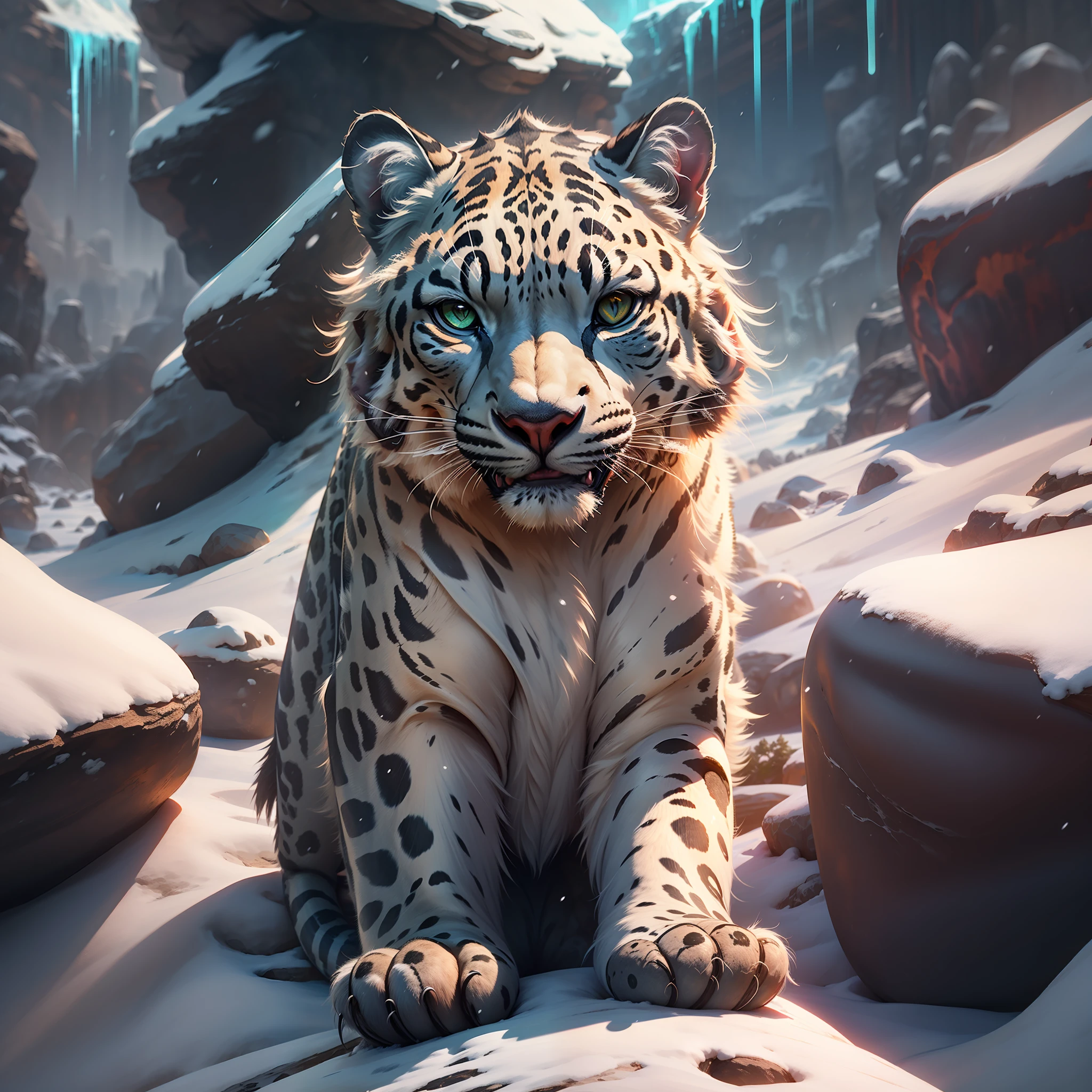 A snow leopard on top of a large rock, cinematic scene with blue and white special effects with snow
