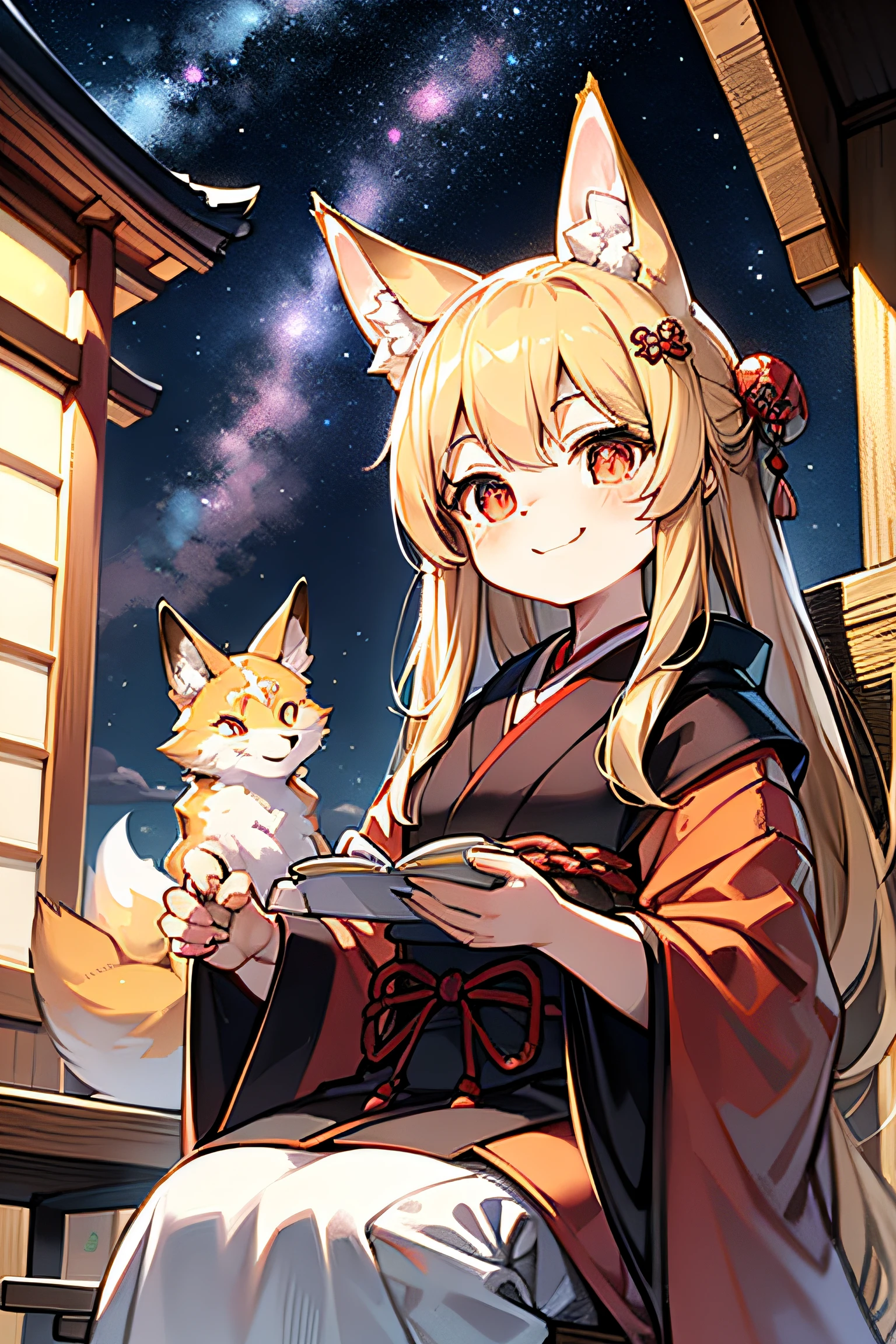 Furry, fox girl in shrine, sitting in chair, looking up at the starry sky, golden hair, golden fur, brown ear hair, crimson pupils, super cute face, wearing Japanese witch costume, Japanese architectural background, starry sky, highest quality, masterpiece, clouds and stars in the sky, animal ear fluff, smile, (super detailed).