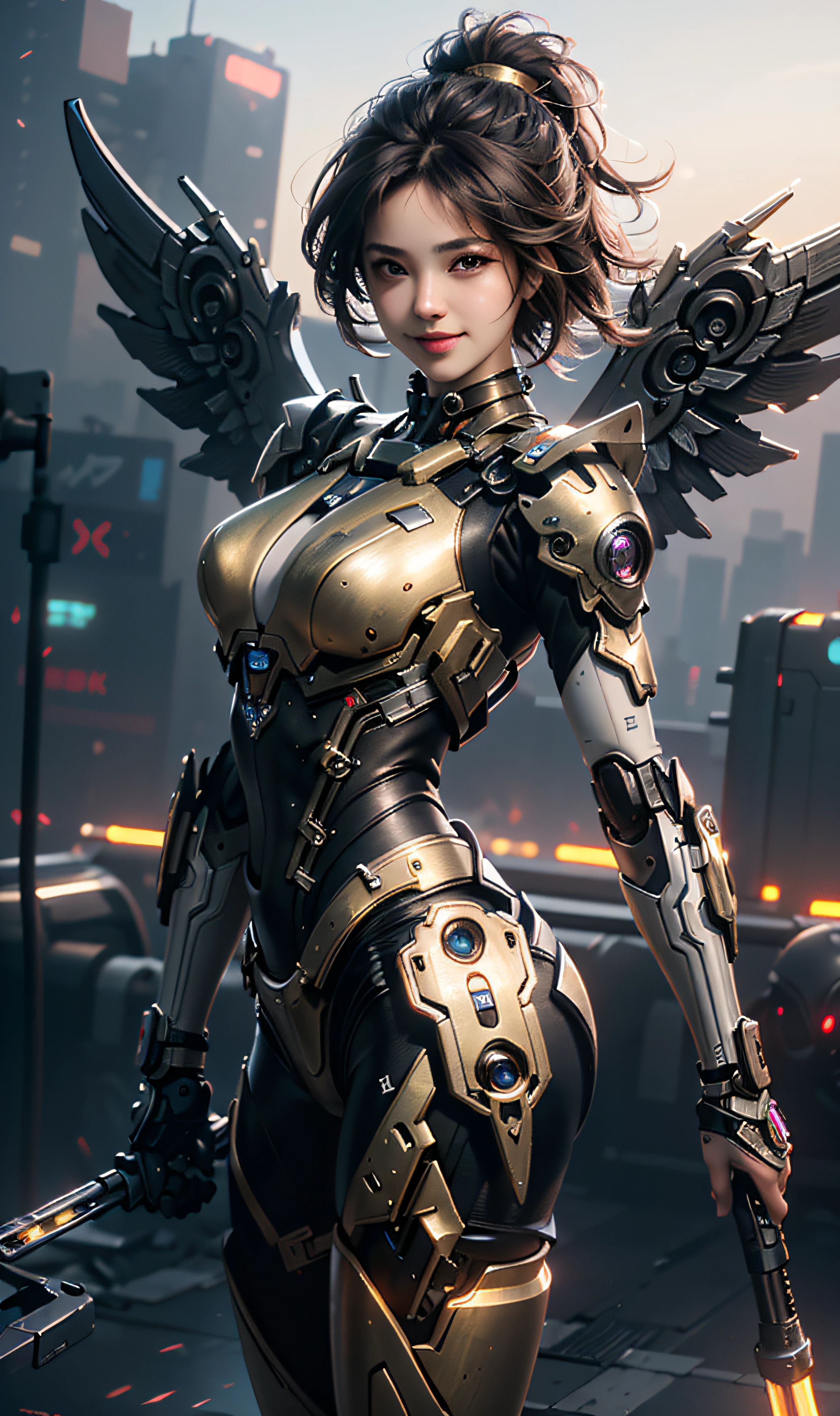 16k, masterpiece,(best quality),highly-detailed,ultra-detailed,1girl,(mechanical wings),(cyberpunkcity:1.5,weapon:energy blade),(fantasylandscape:1.2, natural lighting:1.5,confident expression),(panorama:1.2), mecha, smile, angle,Angels, wings, gold,raw