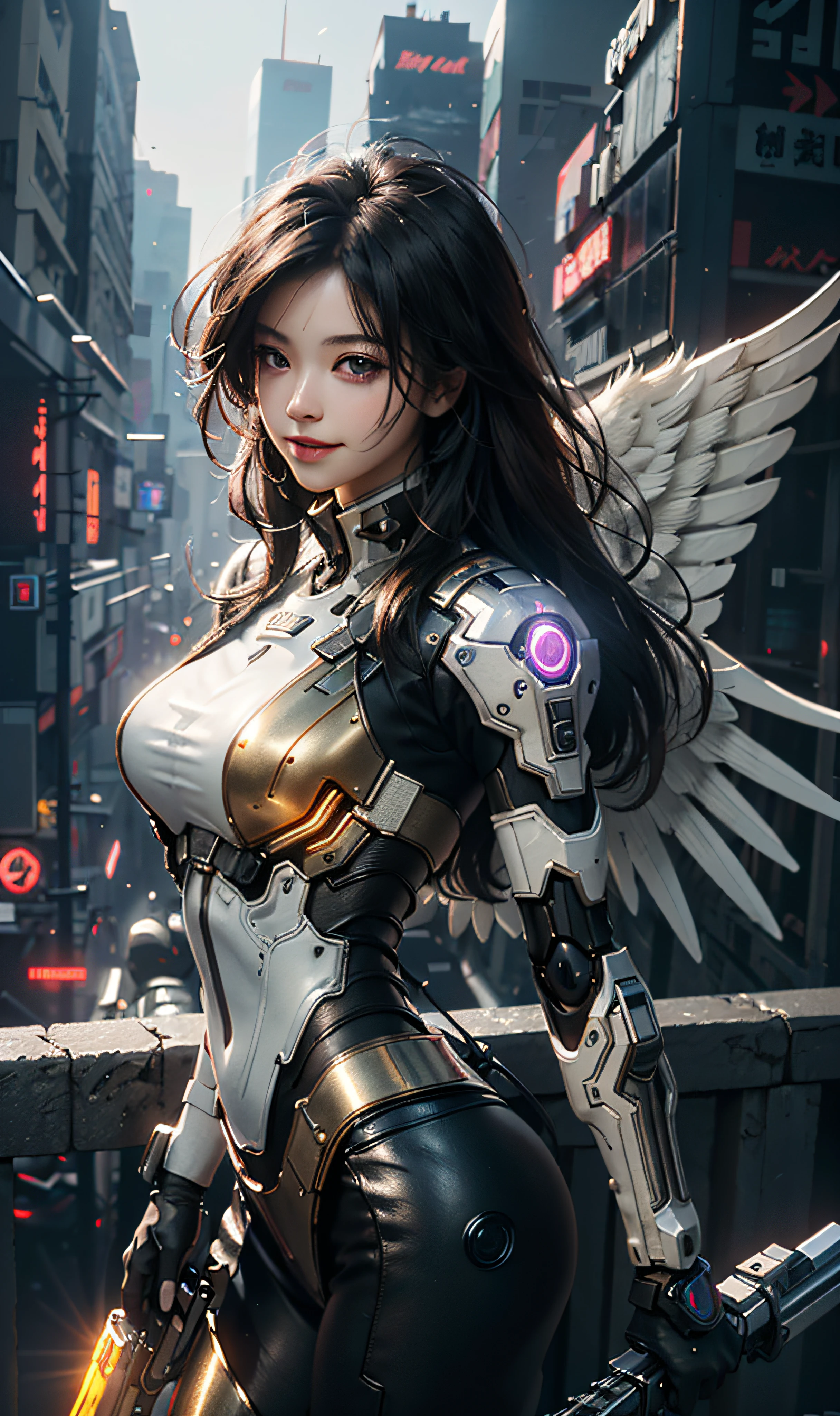 masterpiece,(bestquality),highlydetailed,ultra-detailed,1girl,(mechanical wings),(cyberpunkcity:1.5,weapon:energyblade),(fantasylandscape:1.2,natural lighting:1.5,confidentexpression),(panorama:1.2),mecha, smile,angle,Angels, wings,gold,raw