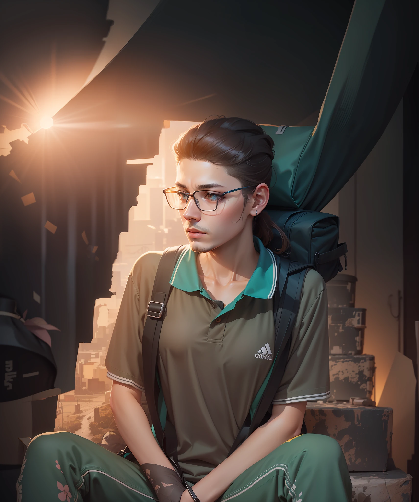 A detailed illustration of a hiker, wearing a backpack, style cartoon, colors, two-dimensional, planar vector, character design, T-shirt design, stickers, colorful splashes, and T-shirt design, Studio Ghibli style, soft tetrad color, vector art, fantasy art, watercolor effect, Alphonse Mucha, Adobe Illustrator, hand-painted, digital painting, low polygon, soft lighting, aerial view, isometric style, retro aesthetics, focusing on people, 8K resolution, using Cinema 4D