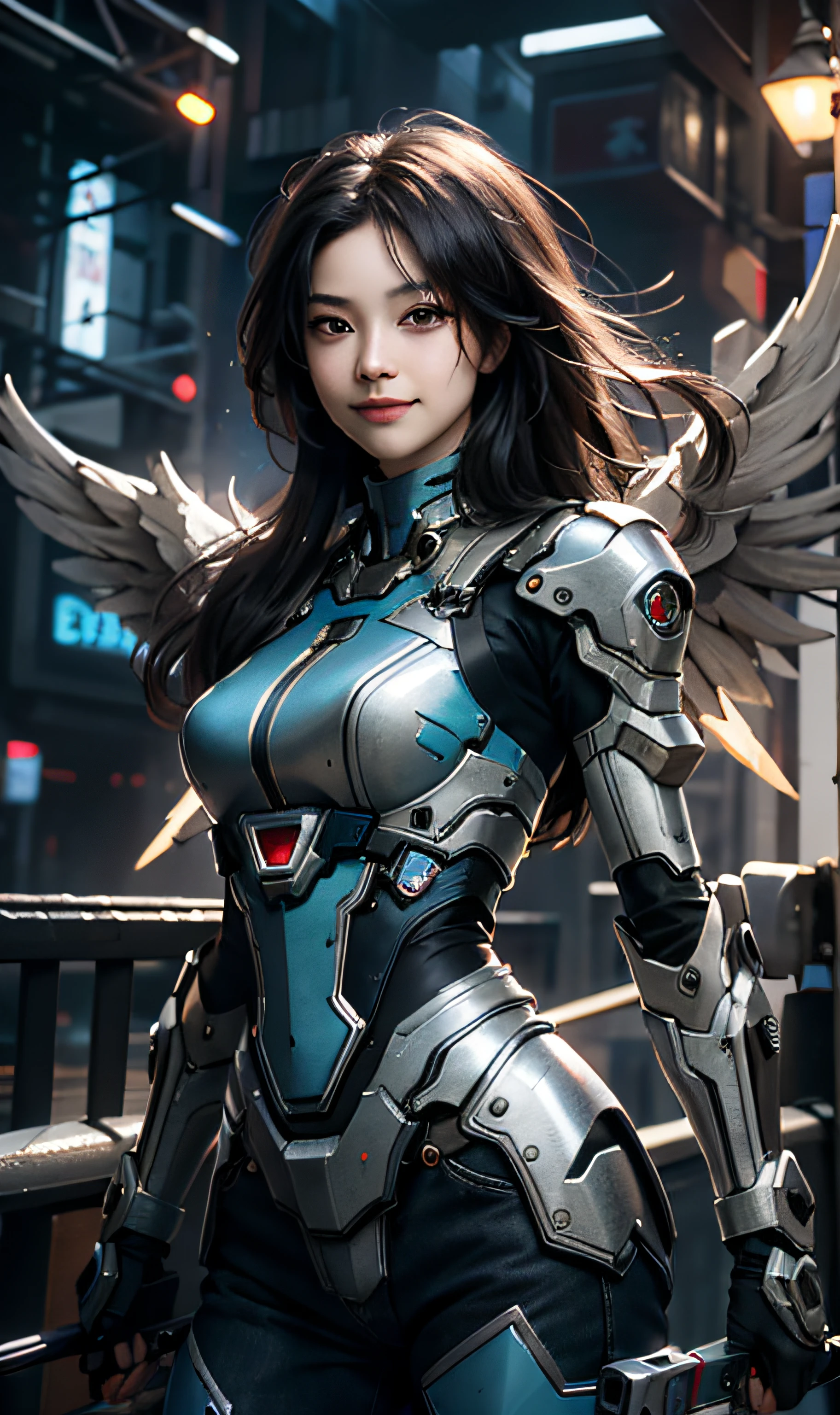 masterpiece,(bestquality),highlydetailed,ultra-detailed,1girl,(mechanicalwings:golden,glowingeyes:blue,silverarmor:1.2,elongatedears:0.8),(cyberpunkcity:1.5,weapon:energy blade behind ), shoulder-length hair,(fantasylandscape:1.2,natural lighting:1.5,confidentexpression),(panorama:1.2),mecha, smile,angle,Angels, mecha wings,