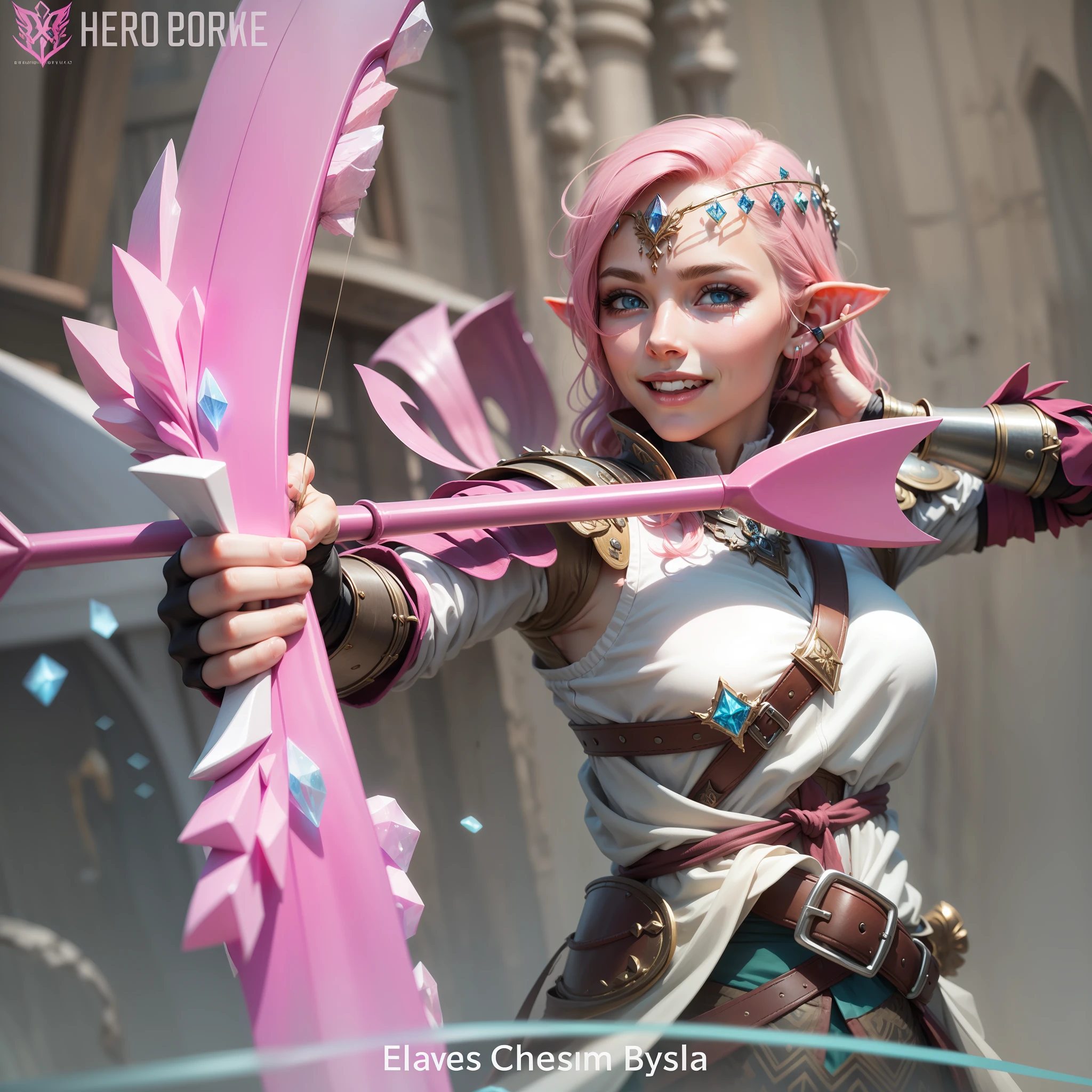 Beautiful realistic woman, Pink hair, with leather armor, blue eyes, crystalline bow and arrow, Elven ears, beautiful smile