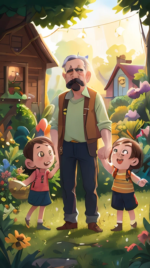 A family, garden, holding balloons, happy, happy, mustachioed father, black mother, white son, light brunette daughter perfect quality, clear focus (clutter - house: 0.8), (masterpiece: 1.2) (Realistic: 1.2) (Bokeh) (Best quality) (Detailed skin: 1.3) (Intricate details) (8K) (Detail eyes) (Sharp focus), (Happy)