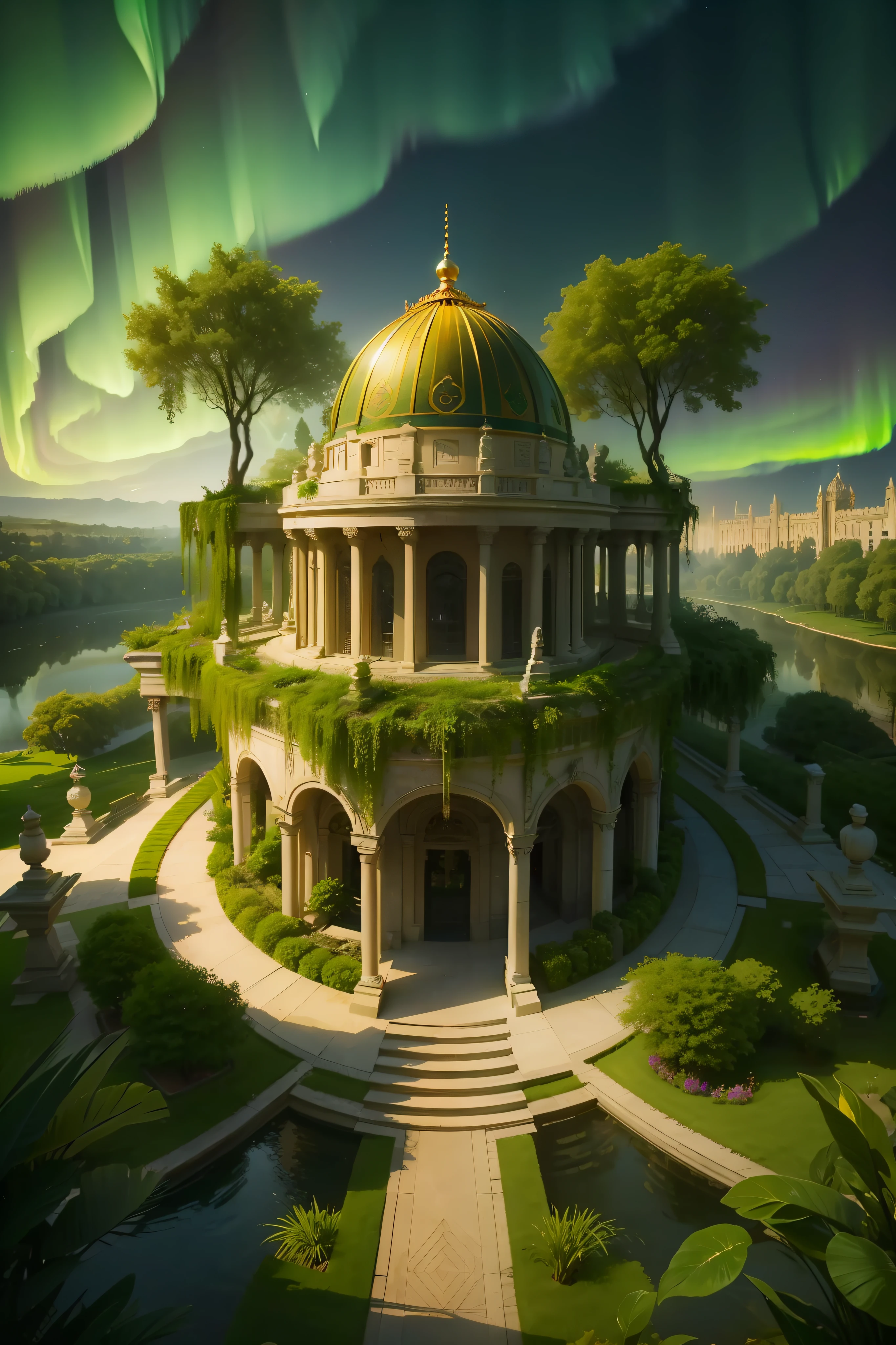 A majestic setting of a lush hanging garden, with classical architecture inspired by the Hanging Gardens of Babylon, illuminated by the colors of a light aurora borealis. Lakes and surrounding forests., high details, award winning, UHD, high quality, 4K