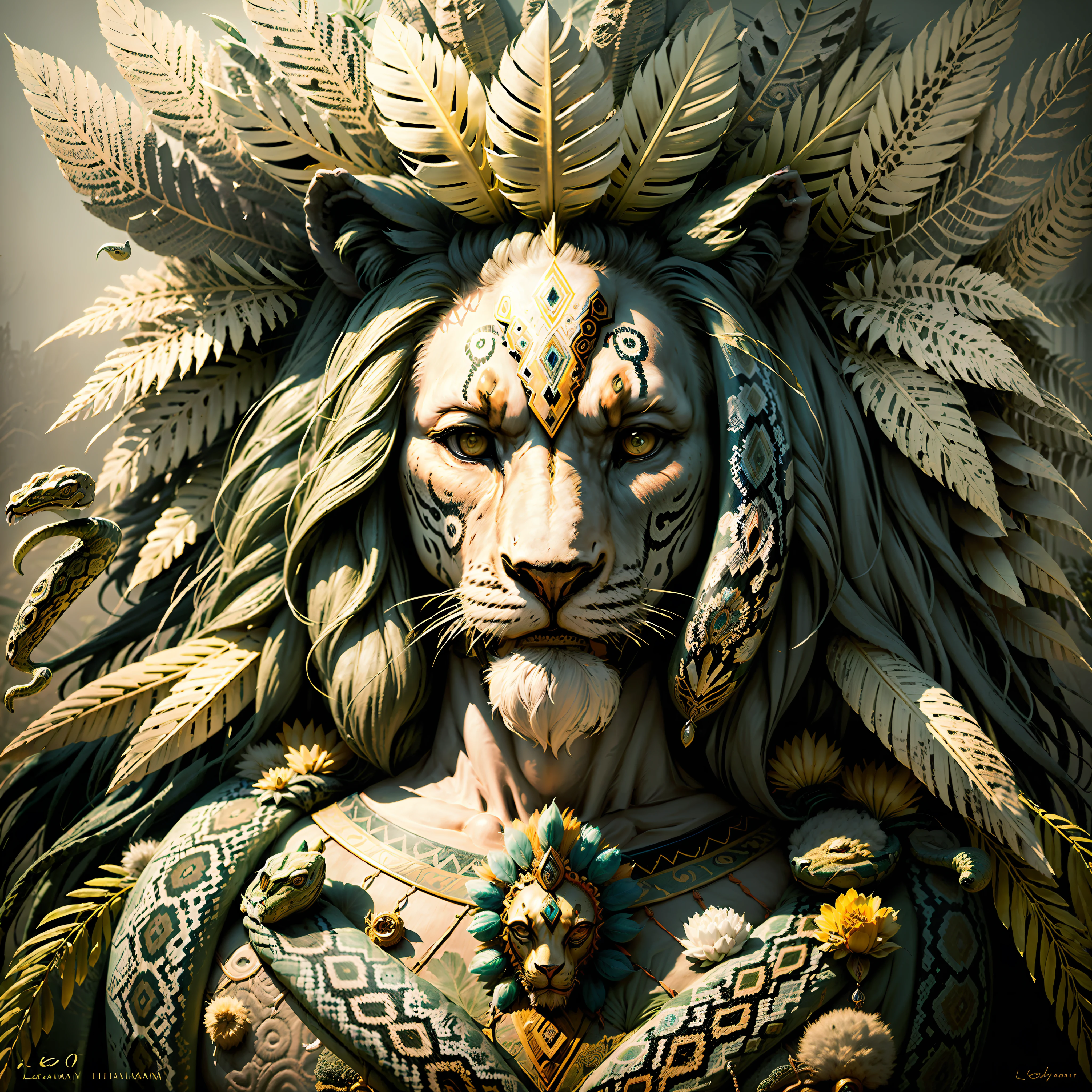 Lion ((Indian style)),,((meditative state),,((Leo head)) Shaman, elegant, hair with details, with Indian headdress on head, ((praying)) many colorful feathers, colored feathers,,(snake)) facing the camera, detail: dense tropical foliage, highly detailed intricate, ((masterpiece)), ultra hyperrealistic, masterpiece