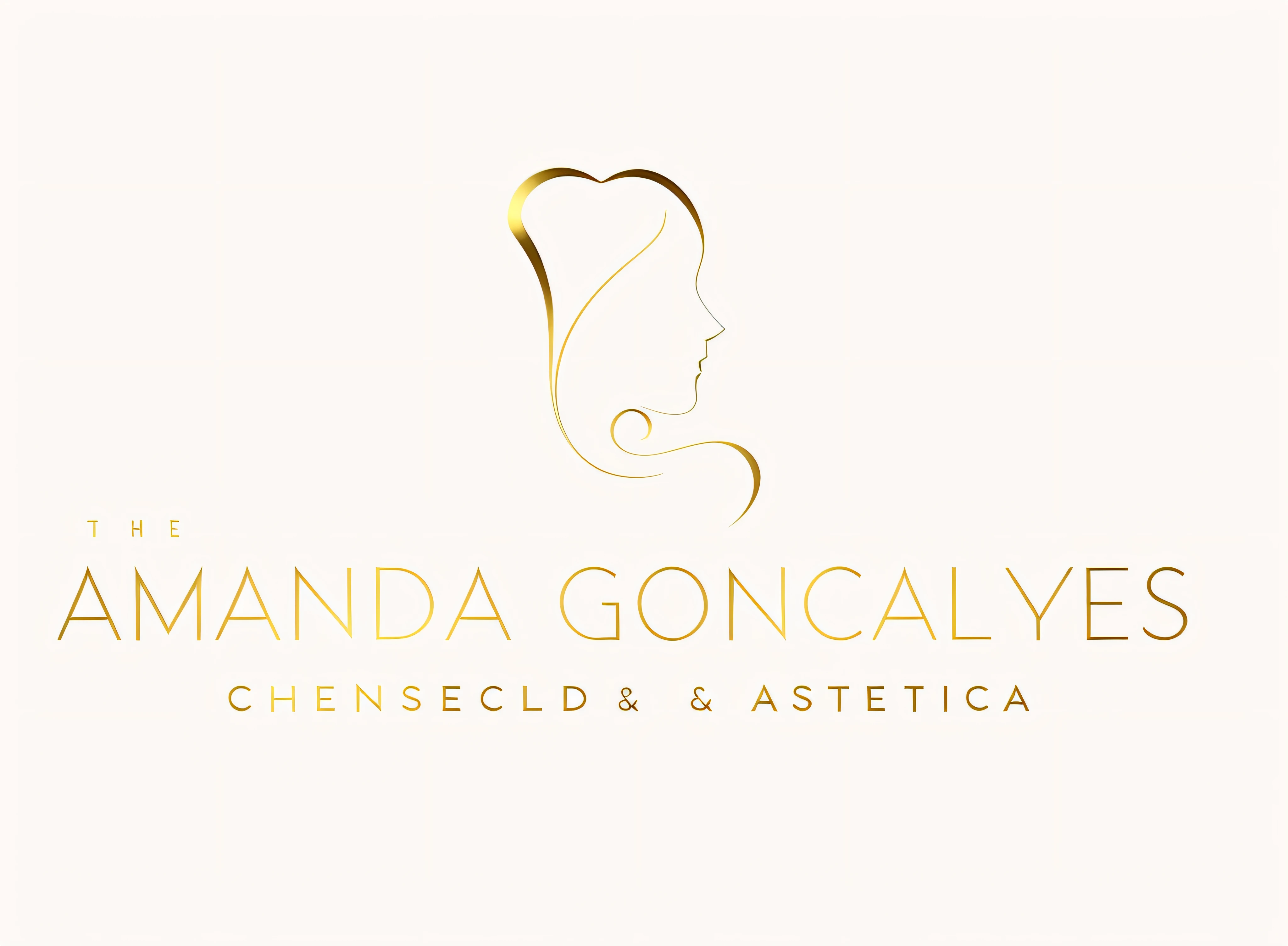 A very feminine logo of a dental clinic is composed of a stylized tooth in oval shape and two curved lines that represent a smile. using an elegant and sophisticated font in gold, use this text"Dr." "AMANDA GONÇALVES" "DENTISTRY AND AESTHETICS". The beige and gold colors are used in a soft gradient, creating an effect of brightness and elegance. ultra realistic
