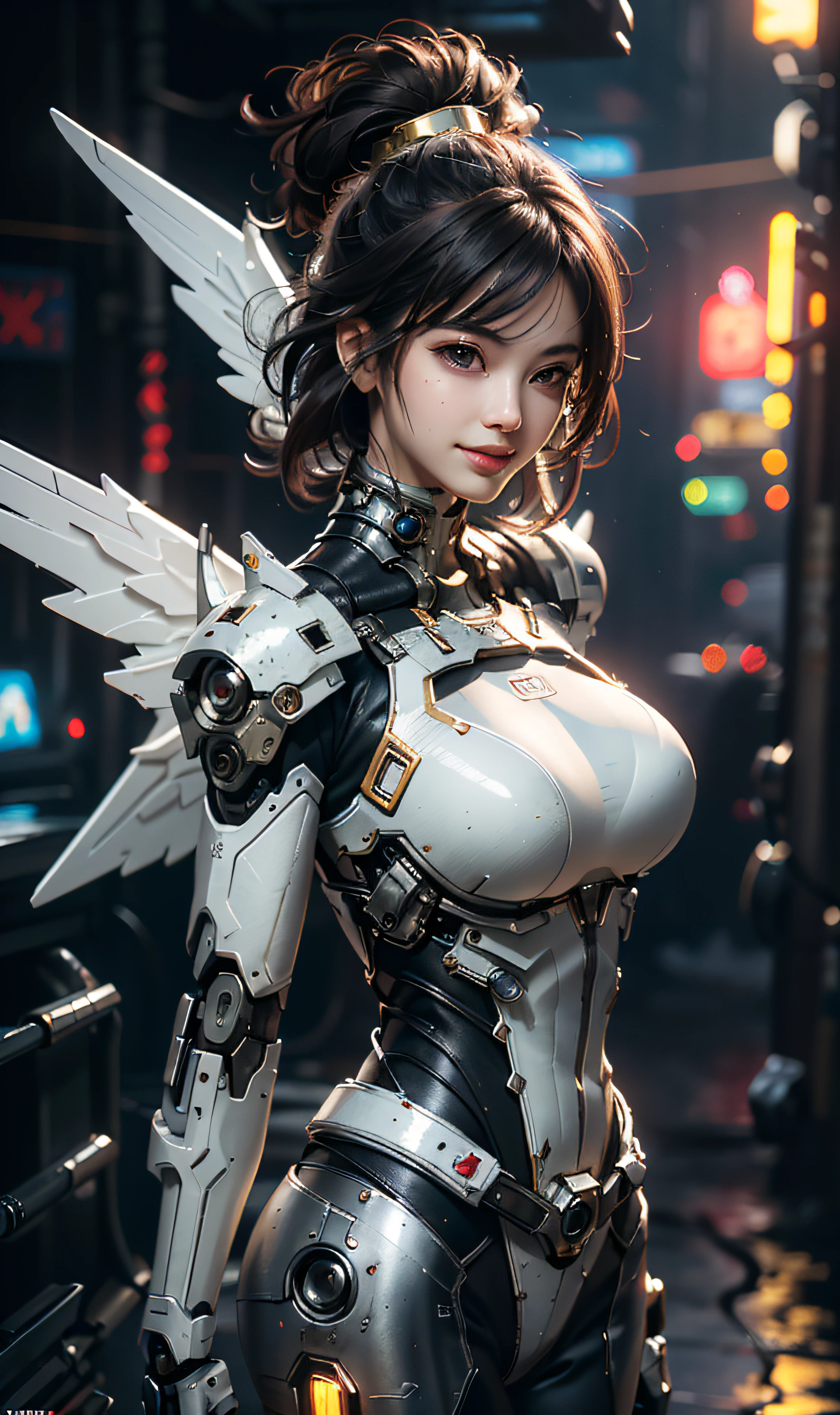 16k, masterpiece,(best quality),highly-detailed,ultra-detailed,1girl, big breast, breast window,(mechanical wings),(cyberpunkcity:1.5,weapon:energy blade),(fantasylandscape:1.2, natural lighting:1.5, confident expression),(panorama:1.2), mecha, smile, angle,Angels, wings, gold,raw