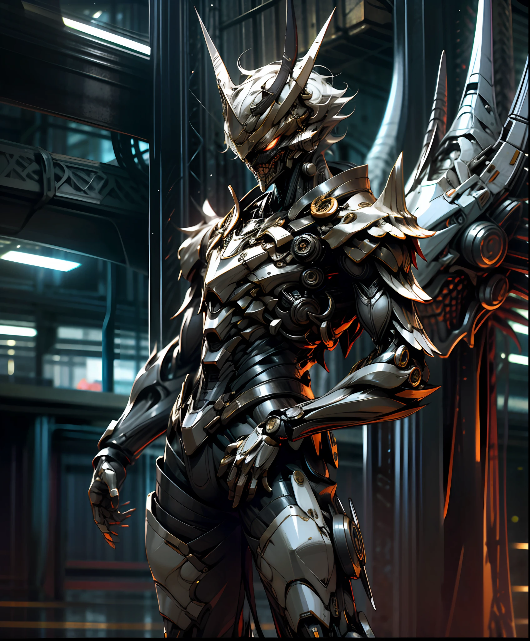 Joker, in full armored red black armor, buff full body, standing in Gotham city looking at me , darkness surrounding, dark knight movie position, reflective details, 4k quality , full hd, sharp details ,Raw foto,Dark_Fantasy, Cyberpunk, (Big Revolver, Sword Man, Red: 1.1), 1man, Mechanical Wonder, Robotic Presence, Cybernetic Guardian,