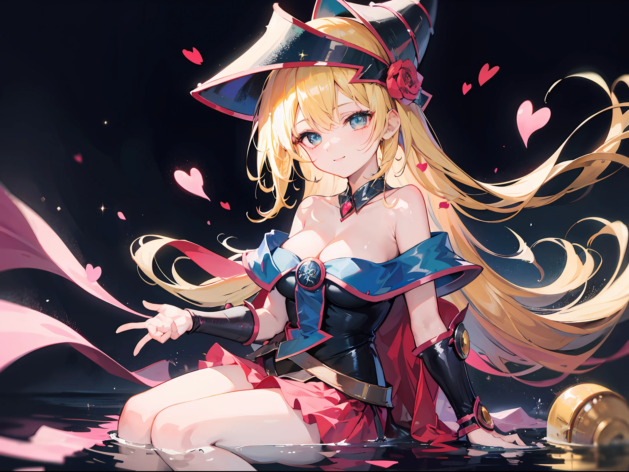 1girl, solo,cute, sensual, sitting on water, HMDMG1, WIZARD HAT, CLEAVAGE, BARE SHOULDERS, DRESS, OFF SHOULDER, magical, misterous, particles, hearts, love,smilling, high details, digital art, masterpiece, expressive eyes, wallpaper, expressive eyes,cute,beautifull eyes, magicle