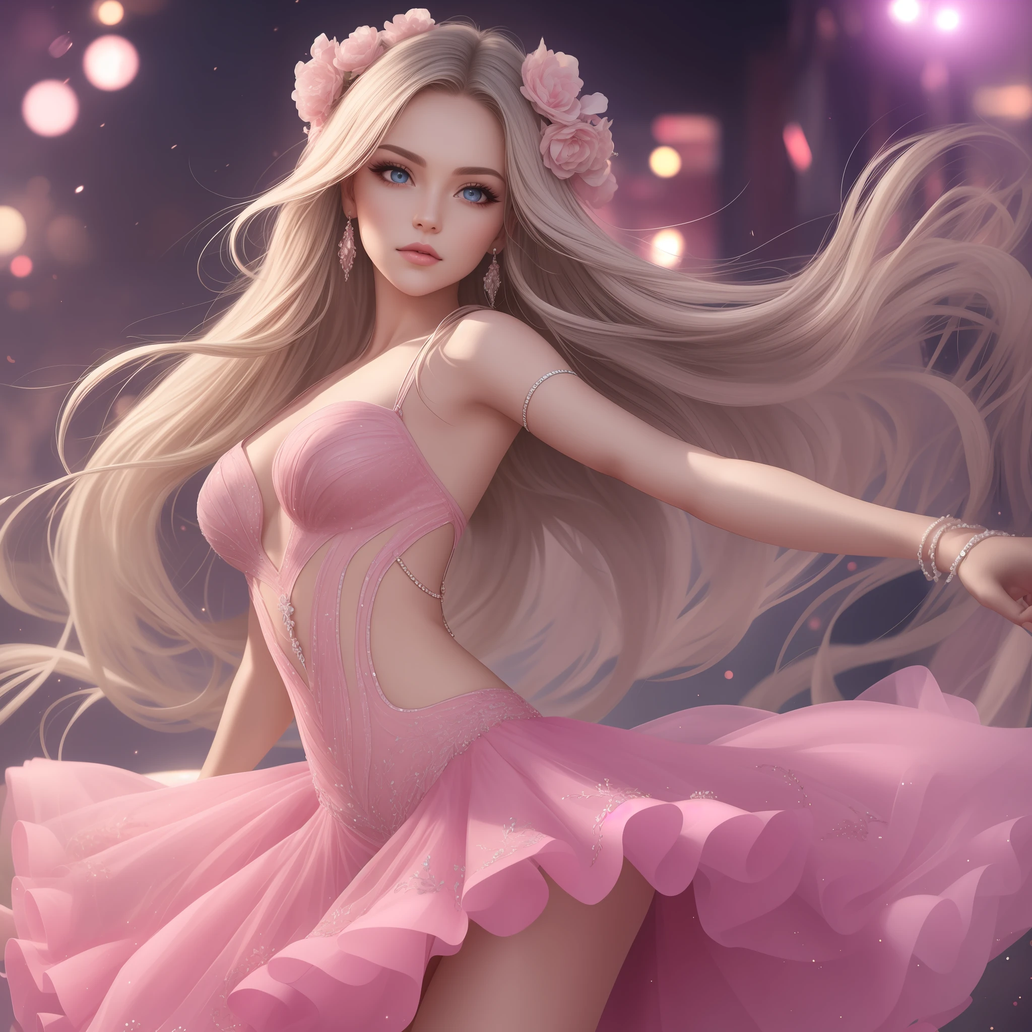 {{{{{extremely detailed CG}}}}},{{8K}}, ((masterpiece)), (((best quality))), ((ultra-detailed)), beautiful detailed eyes, beautiful stunning face, extremely detailed face, beautiful long eyelashes, plump lips, extremely detailed skin texture, long blonde hair and grey eyes, young female dancer, wearing a pink and white knee-length ballgown, she is dancing with other female dancers outside in nature, dancing outside at night with decor lighting, hair tied behind back