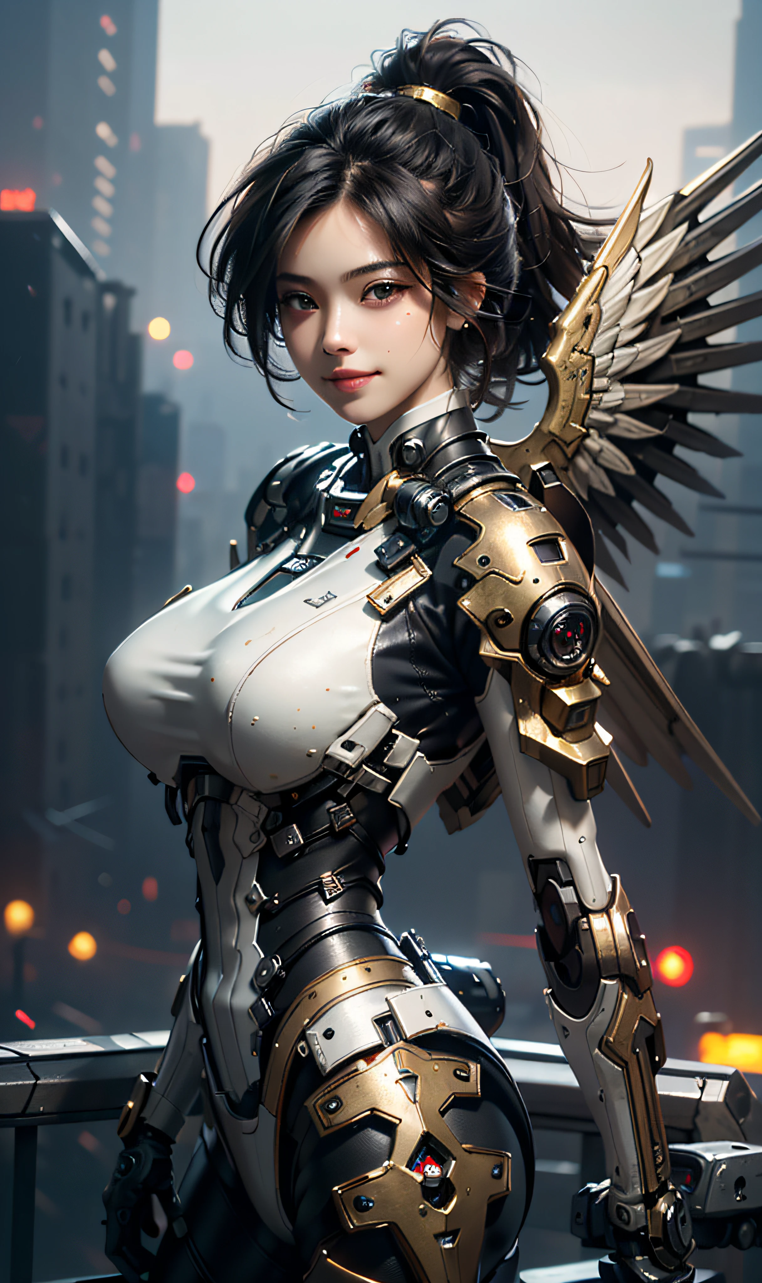 16k, masterpiece,(best quality),highly-detailed,ultra-detailed,1girl, big breast, breast window,(mechanical wings),(cyberpunkcity:1.5,weapon:energy blade),(fantasylandscape:1.2, natural lighting:1.5, confident expression),(panorama:1.2), mecha, smile, angle,Angels, wings, gold,raw