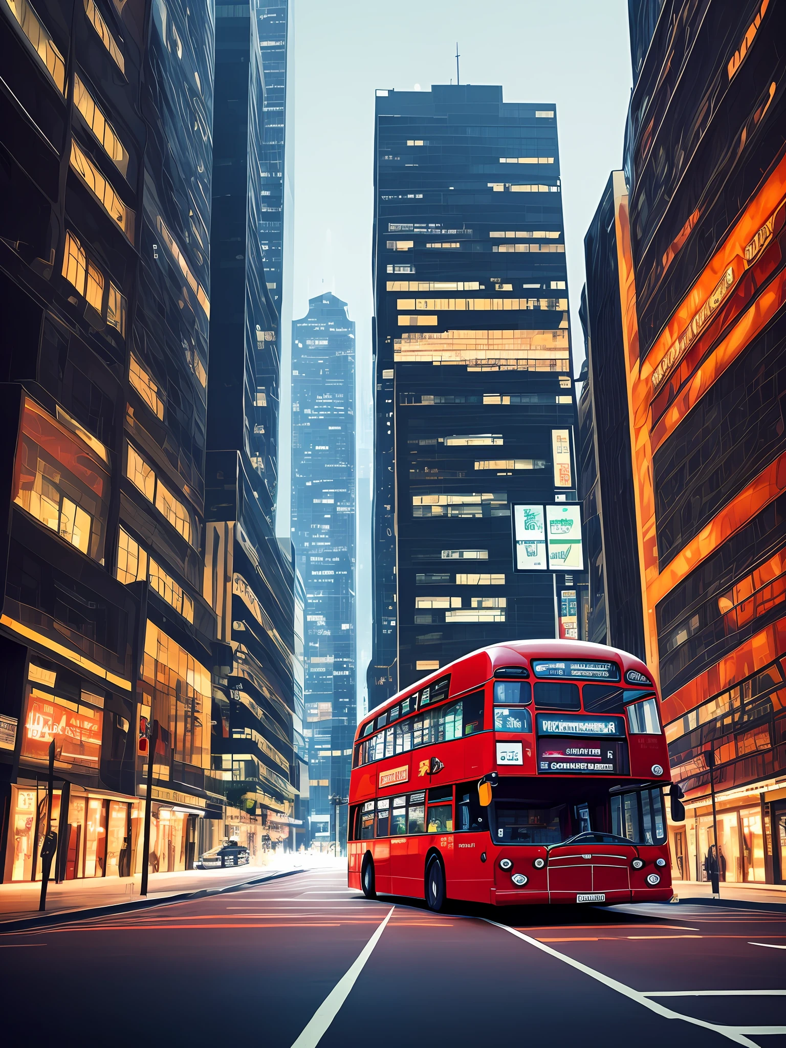 (masterpiece, high image quality) a futuristic red bus, insane future, in a fururious city, radial background blur