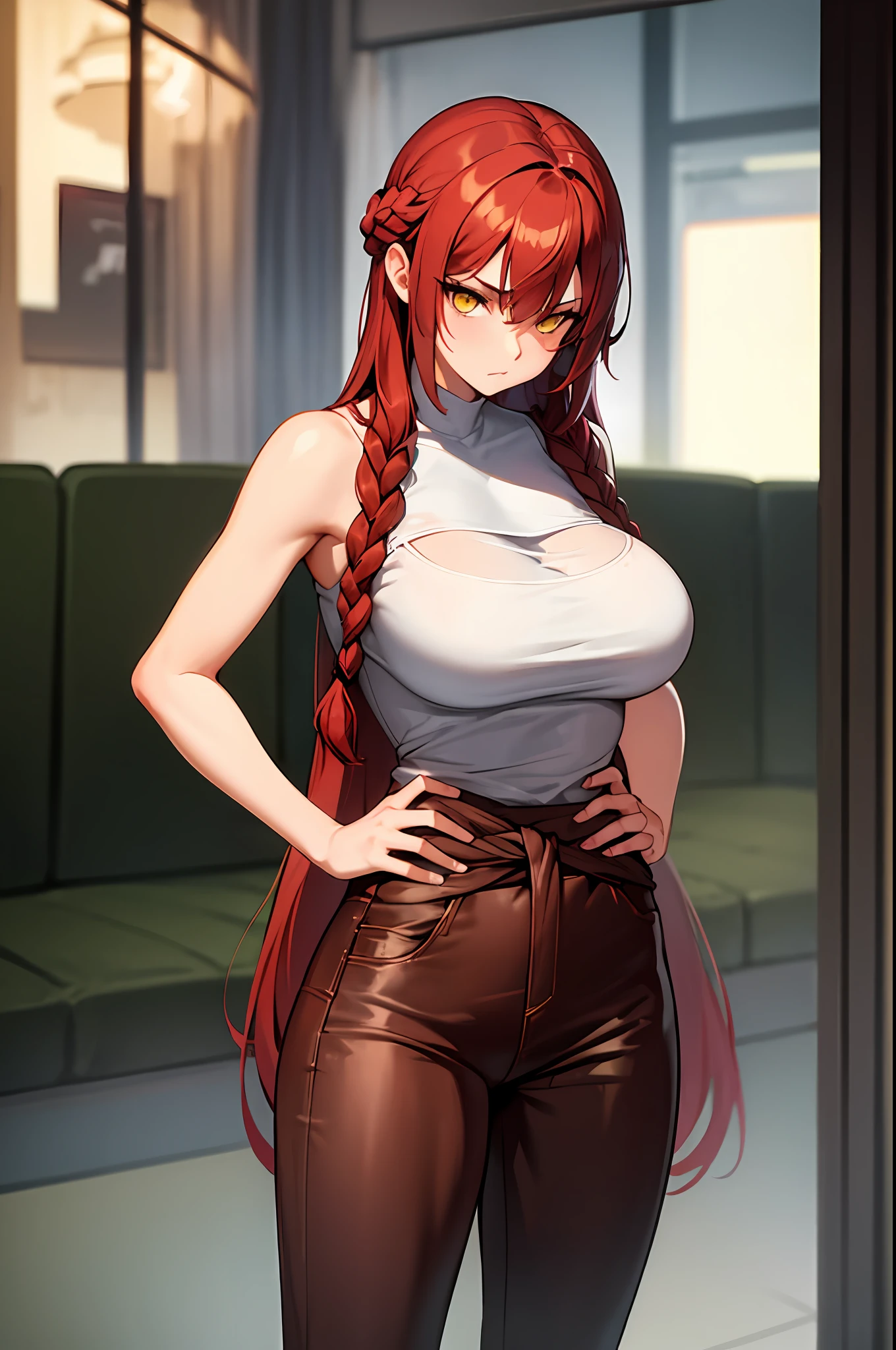 masterpiece, best quality, 1girl, long hair, big bust, very long red hair, jeans, brown pants, cowboy clothes, outer, sexy, sensual, nlanca and brown clothes, yellow eyes, serious, emotionless, adult woman, braids, seductress, hands on waist,