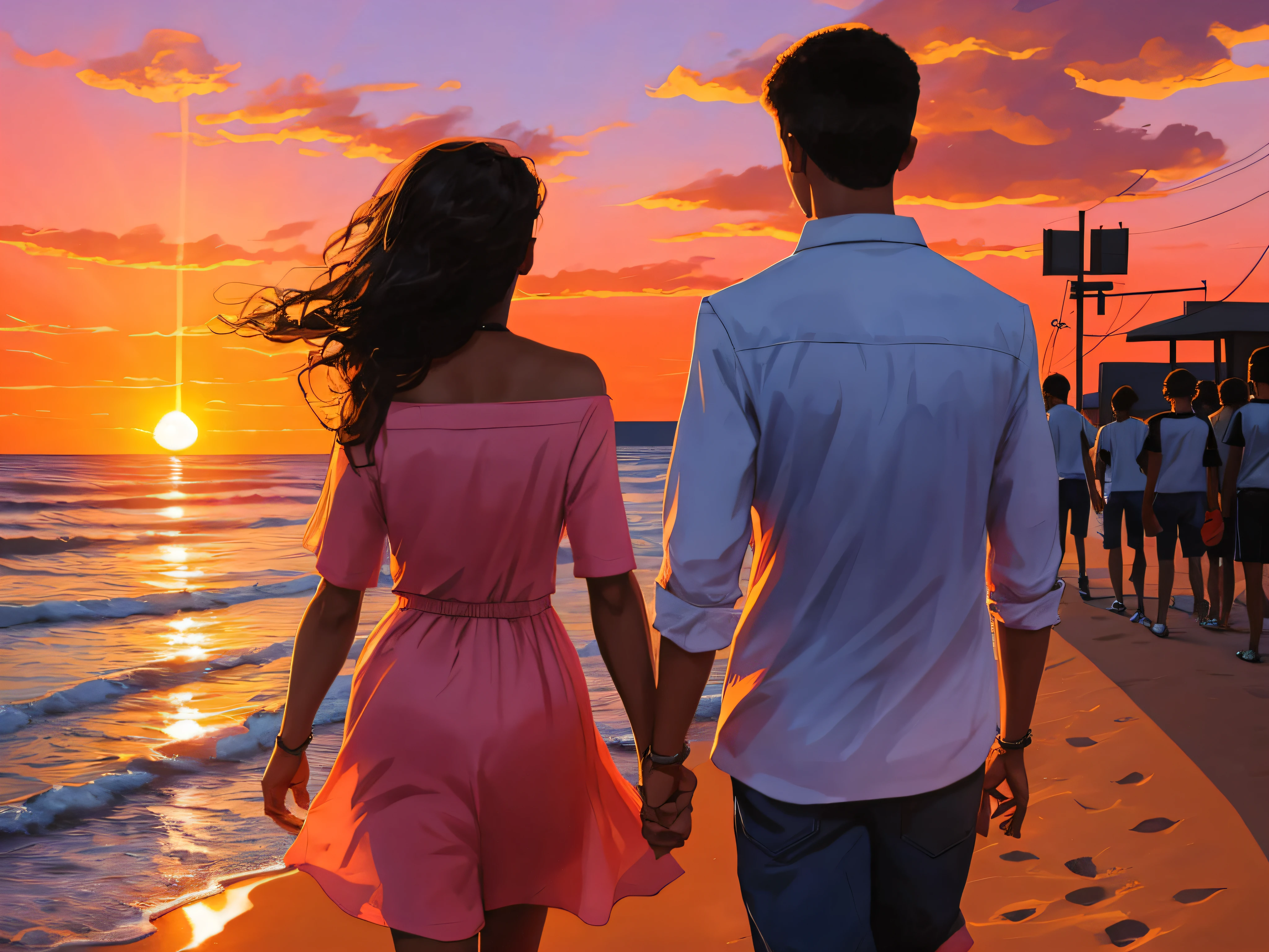 For young men and women, the boy's hand is on the girl's left shoulder, facing the sunset, and the back is facing the audience, walking towards the sunset