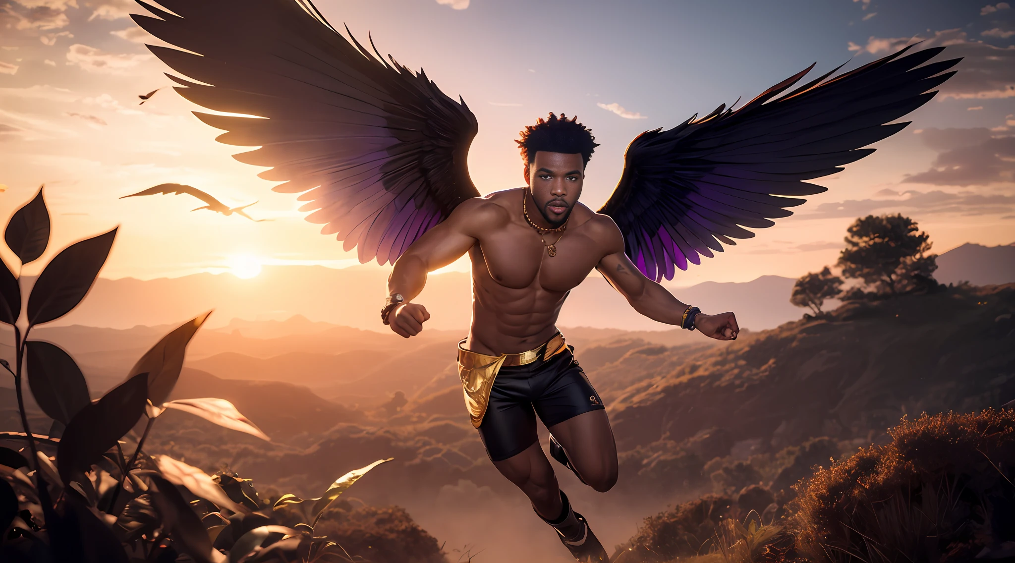 Fairy male black man with gold and purple details, large wings, flying in the air, vegetation blurred background, soft colors, soft light, sunset light, smooth light, symmetrical, full body, reflections, HDR lighting, 8k resolution, cinematic film, smooth, strobe light beams, masterpiece, full body