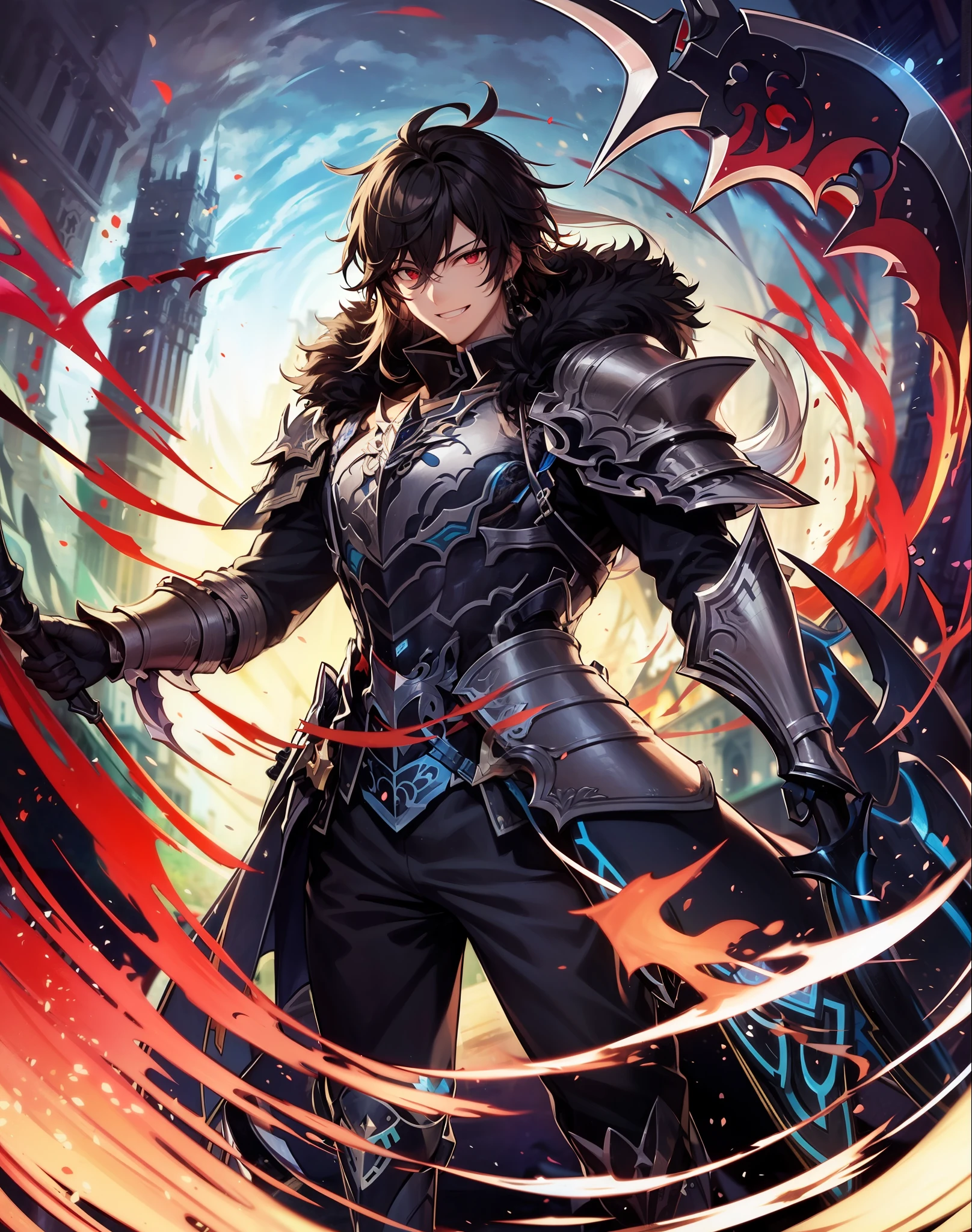 A man, character from Cardfight!! Vanguard, character from shadowverse, shadow paladin from Cardfigh!! Vanguard, white skin, red eyes, black hair, aggressive looking eyes, big smile on his face, black armor, detailed armor with lots of layers, with light blue details, a few details, holding a scythe, scythe blade constructed by many scales, fur around his neck, fur around his scythe hilt, showcasing his scythe, standing sway from the camera, mediaeval city background, city on fire, 8k, best quality