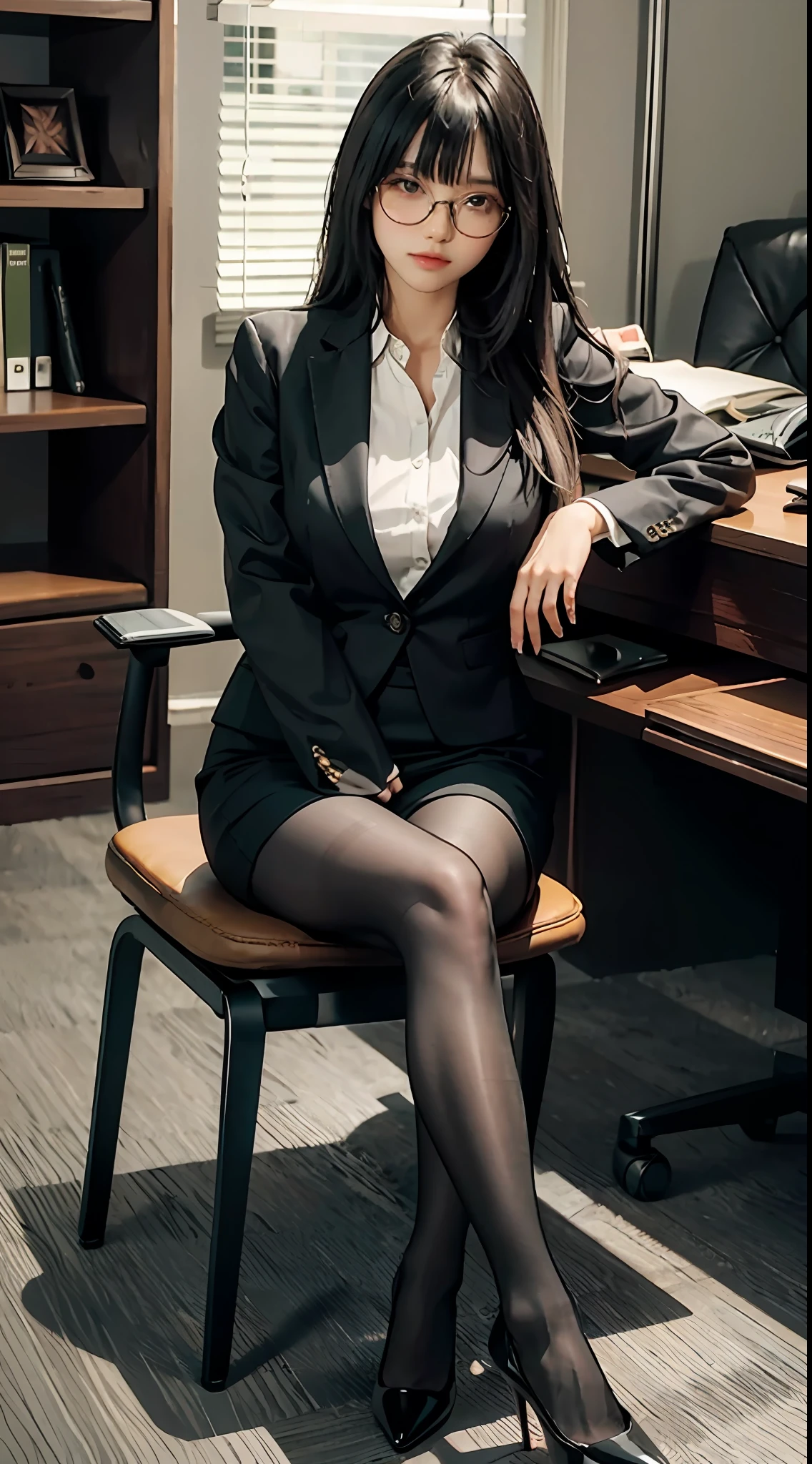 Beautiful woman long hair bangs, sitting, office executive outfit pantyhose high heels glasses