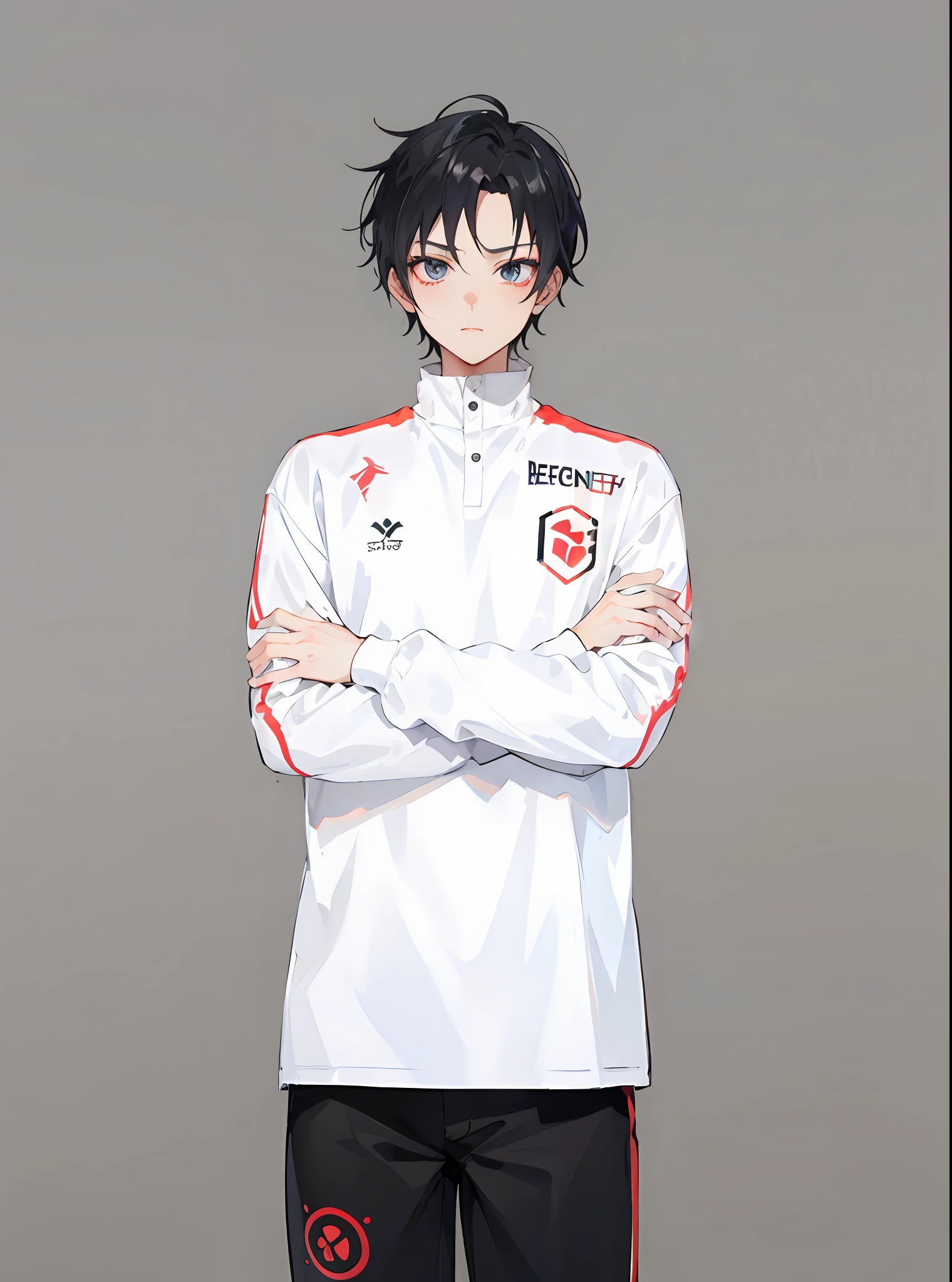 Anime style, short black hair, white clothes, black pants, esports, shonen, watercolor style, white background