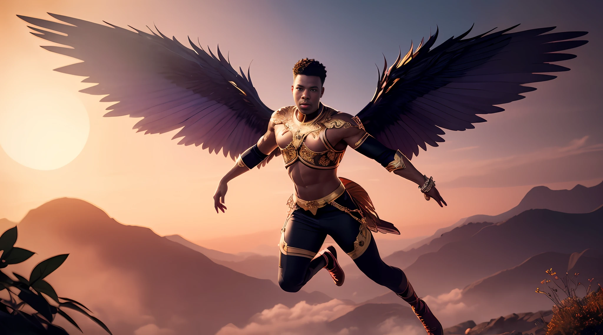 Fairy male black man with gold and purple details, large wings, flying in the air, vegetation blurred background, soft colors, soft light, sunset light, smooth light, symmetrical, full body, reflections, HDR lighting, 8k resolution, cinematic film, smooth, strobe light beams, masterpiece, full body