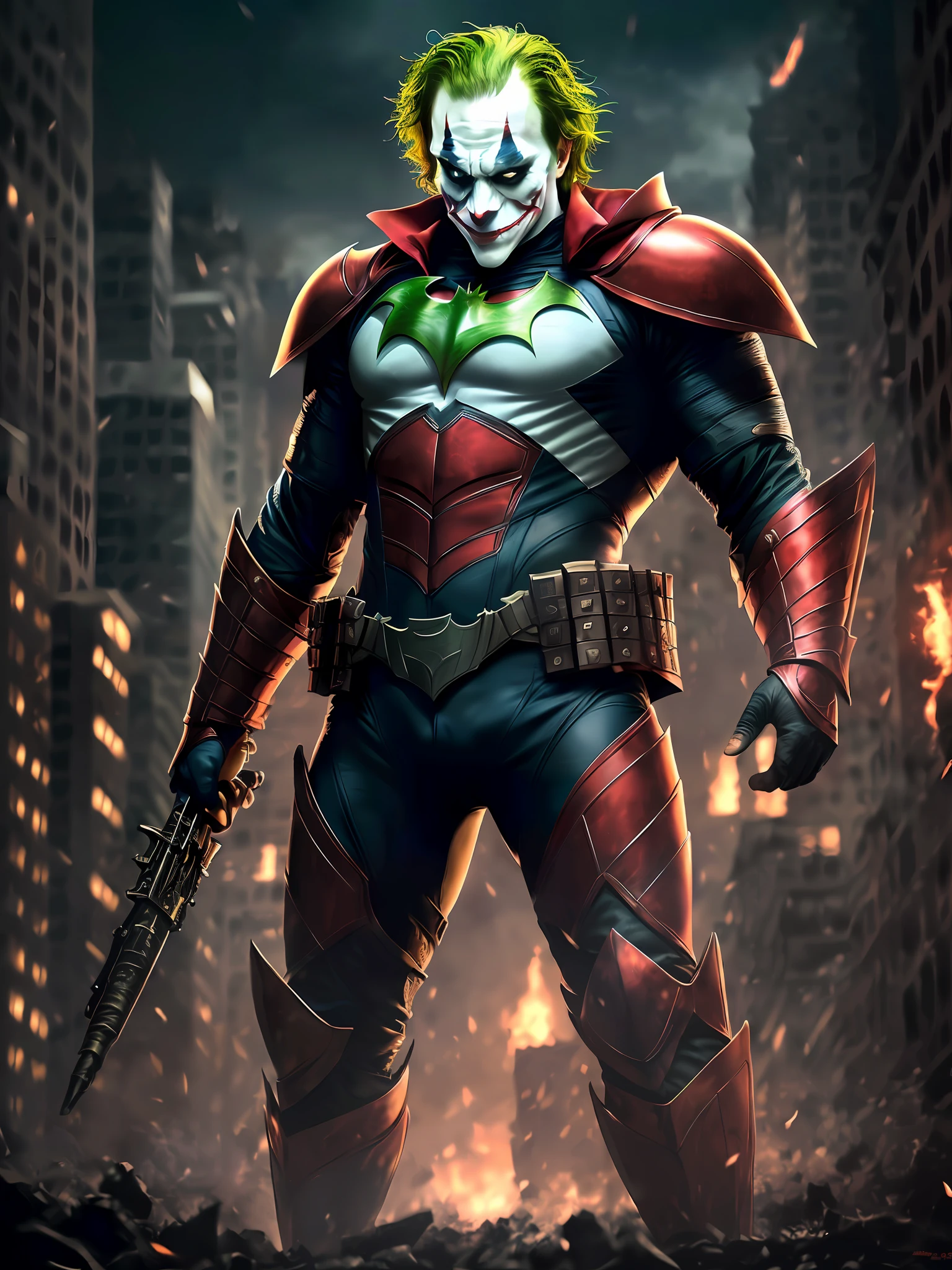 (extremely detailed 8k wallpaper),a medium shot photo of a fearful Joker, in full armored red black armor, buff full body, standing in Gotham city looking at me , darkness surrounding, dark knight movie position, reflective details, 4k quality , full hd, sharp details , Intricate, High Detail, dramatic