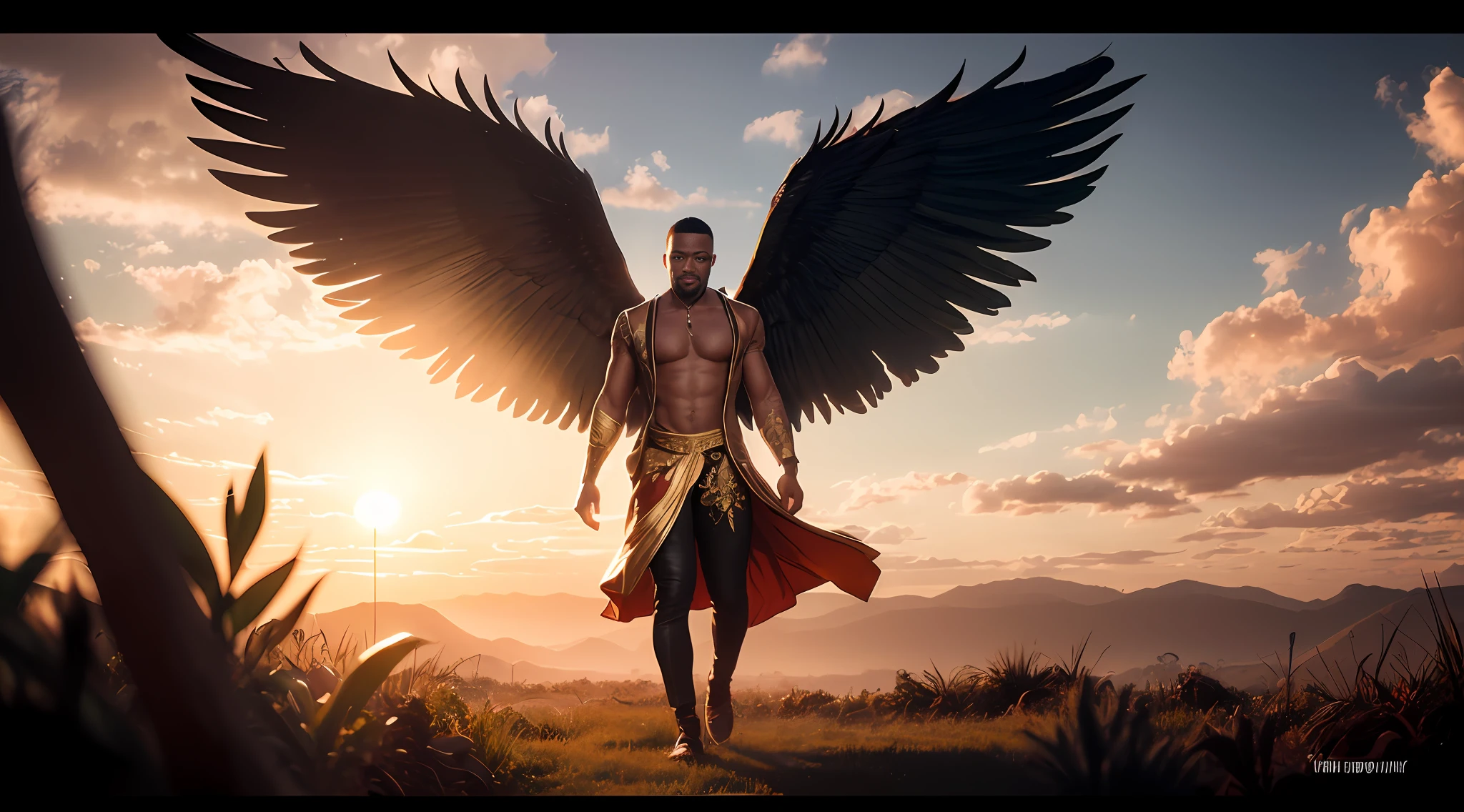 Fairy male black man with orange and gold details, large wings, vegetation blurred background, vibrant colors, lush light, soft light, sunset light, smooth light, symmetrical, full body, reflections, HDR lighting, 8k resolution, cinematic film, smooth, strobe light beams, masterpiece, full body