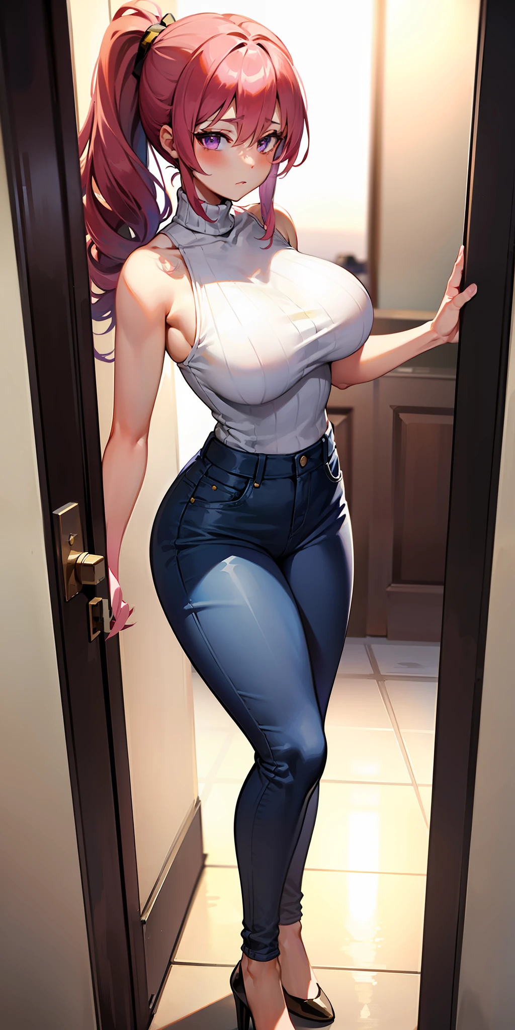 Beautiful female, milf, wasp waist, large breasts, pink hair, ponytail, purple eyes, (white turtleneck: 1.5), denim pants, tight clothes, standing in doorway, portrait, model pose, masterpiece, sleeveless, bare arms, ribbed fabric