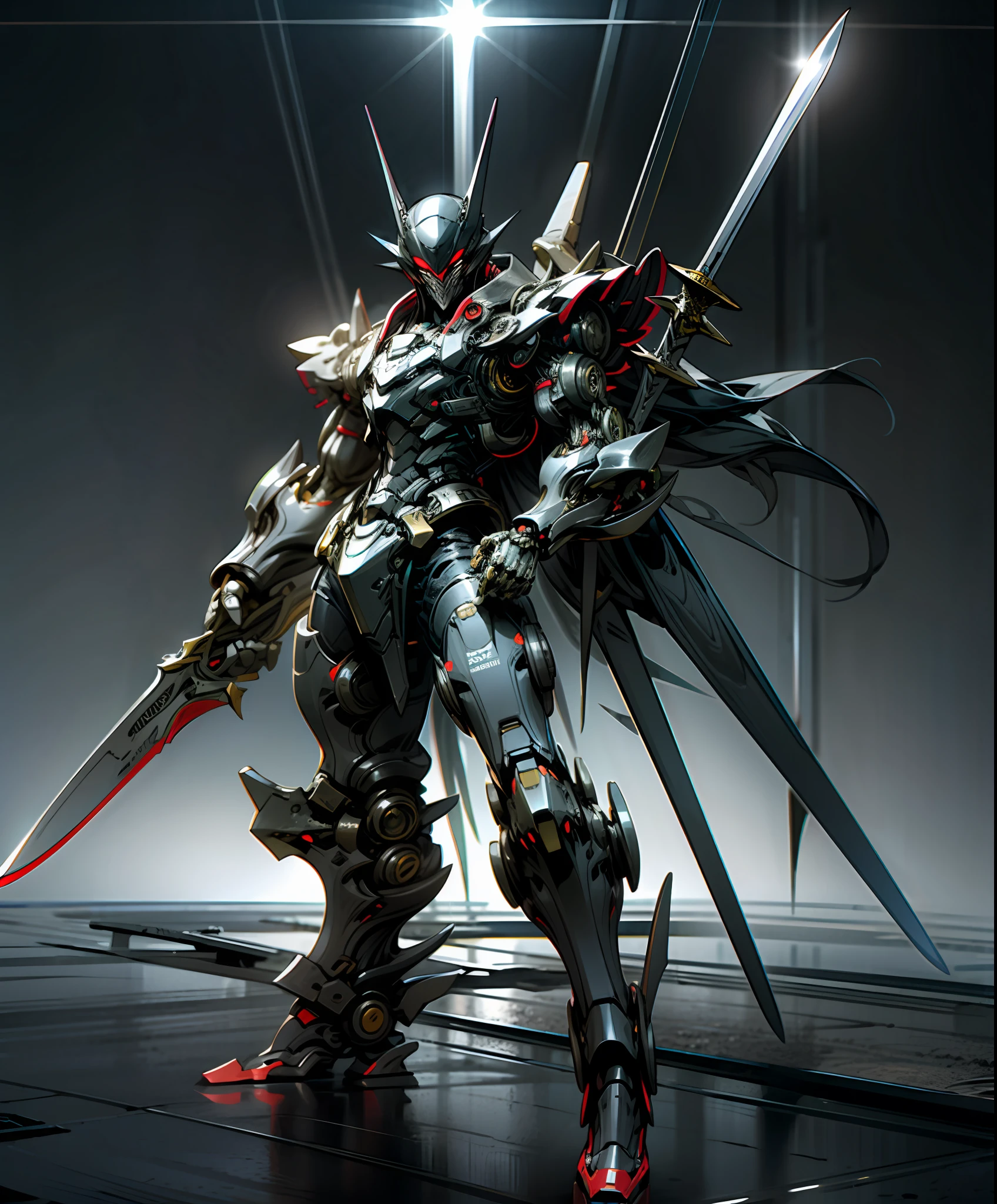Joker, in full armored red black armor, buff full body, standing in Gotham city looking at me , darkness surrounding, dark knight movie position, reflective details, 4k quality , full hd, sharp details ,Raw foto,Dark_Fantasy, Cyberpunk, (Big Revolver, Sword Man, Red: 1.1), 1man, Mechanical Wonder, Robotic Presence, Cybernetic Guardian,