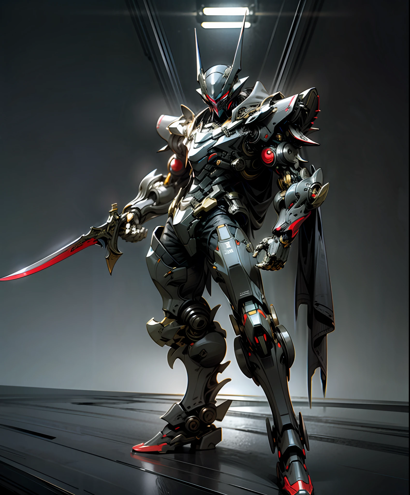 Joker, in full armored red black armor, buff full body, standing in Gotham city looking at me , darkness surrounding, dark knight movie position, reflective details, 4k quality , full hd, sharp details ,Raw foto,Dark_Fantasy, Cyberpunk, (Big Revolver, Sword Man, Red: 1.1), 1man, Mechanical Wonder, Robotic Presence, Cybernetic Guardian,