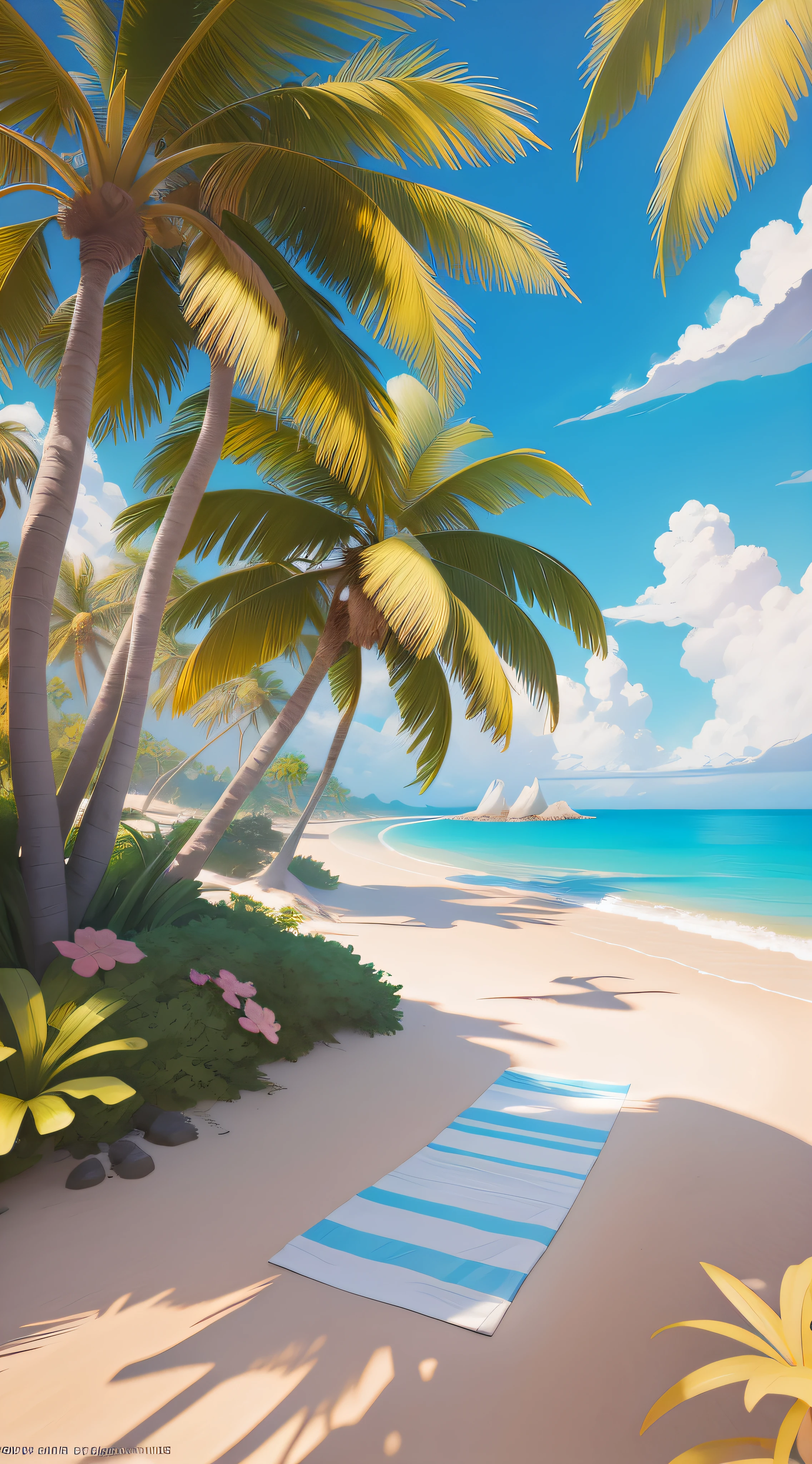 there is a painting of a beach with palm trees and a towel, tropical beach paradise, ross tran. scenic background, painted in anime painter studio, tropical beach, relaxing concept art, digital painting highly detailed, anime background art, 8k high quality detailed art, beautiful digital painting, background art, environment painting, low detailed. digital painting, made with anime painter studio