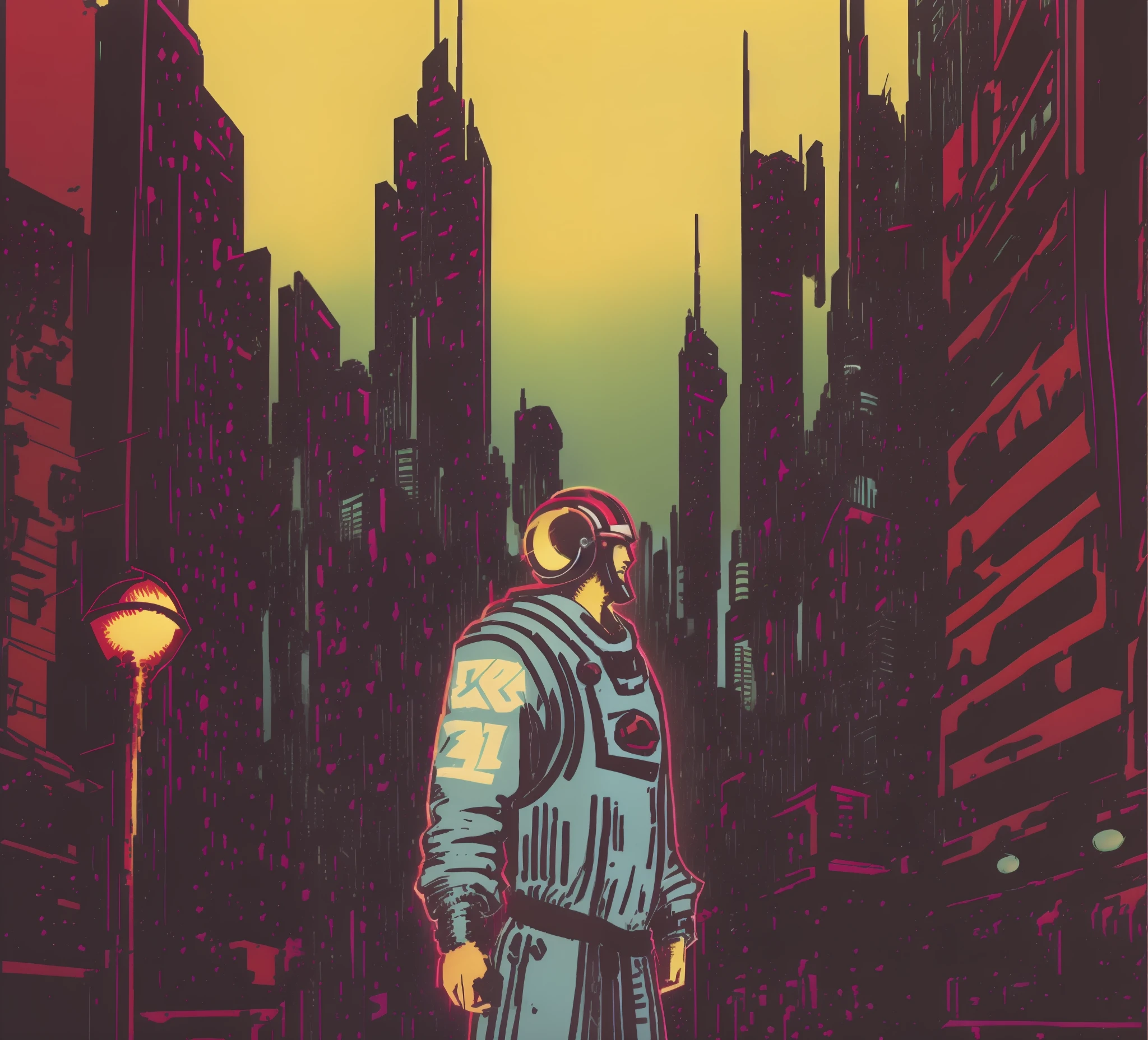 Make an art with cyberpunk environment, with a character in the middle, strong man on his back with brown hair, cyberpunk jacket, with cyberpunk implants, in a cyberpunk world, at night, on top of a building, with holograms and buildings in the background, and ships, HD, super detailed, hyper-detailed, beautifully colored, insane detail, 4k, 8k, 4k, UHD, beutiful lighting