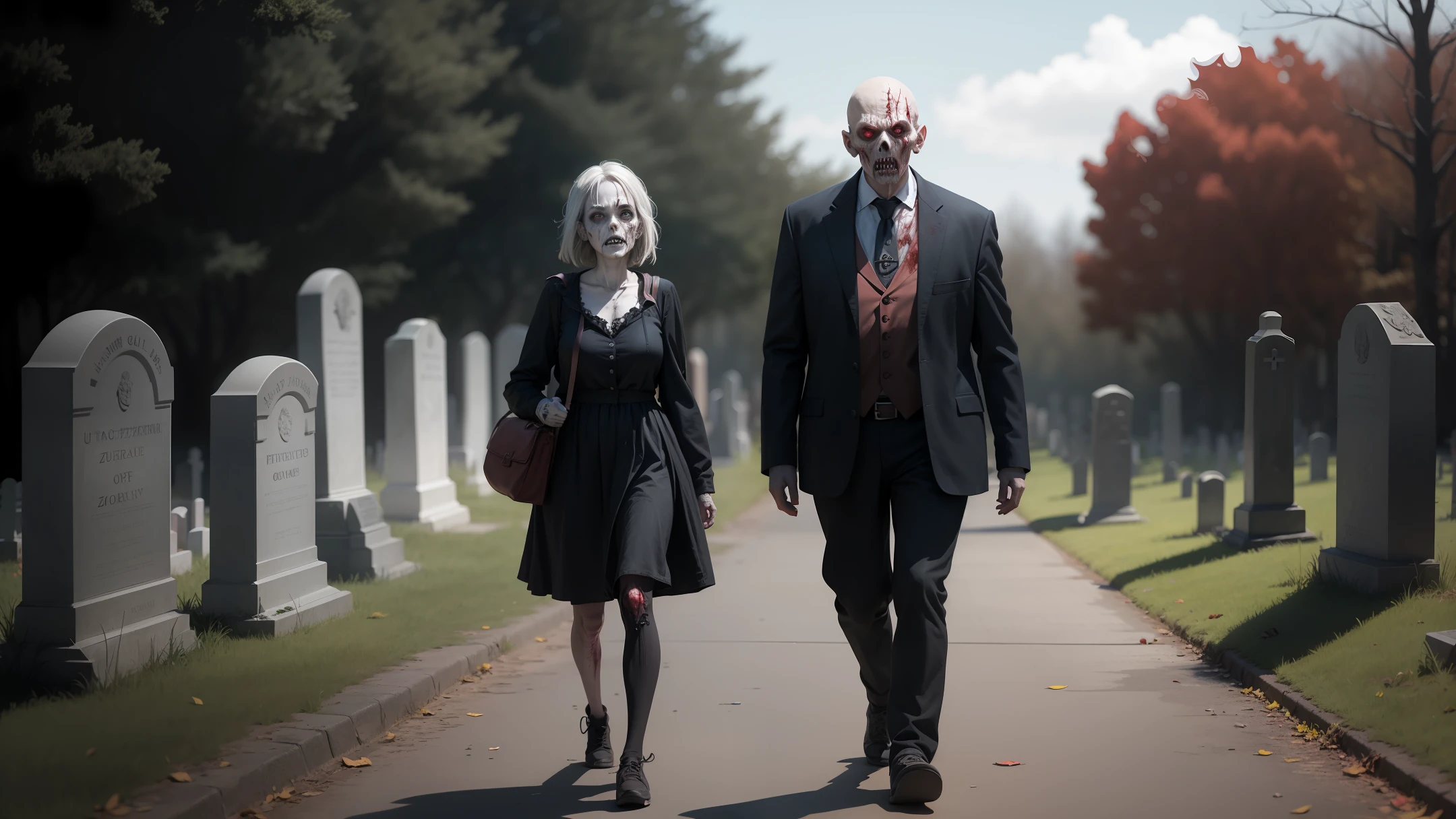 Create the image of an ultra realistic zombie high regulation. Walking in the cemetery