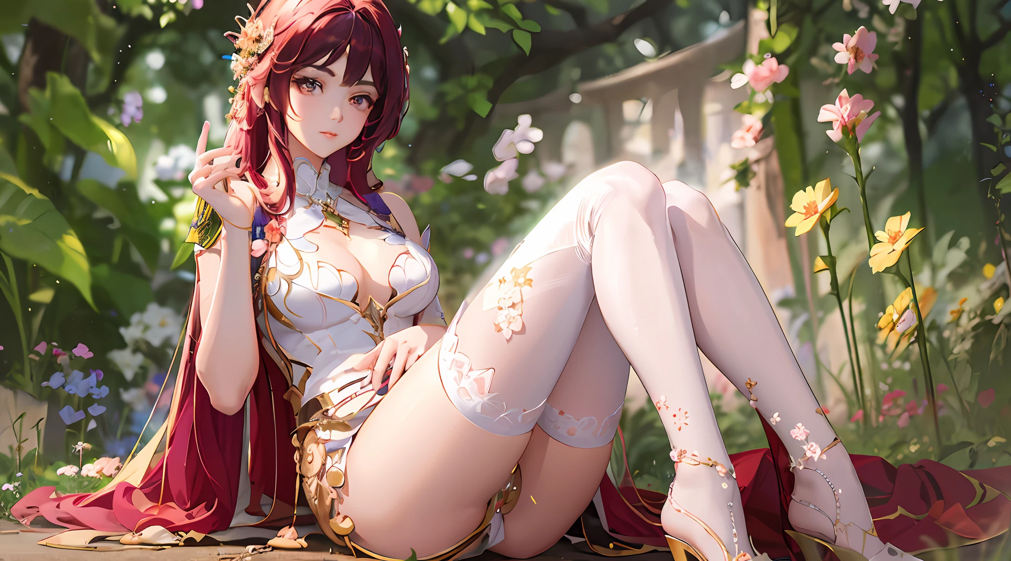 anime girl sitting on the ground in a garden with flowers, a beautiful fantasy empress, beautiful alluring anime woman, seductive anime girl, highly detailed exquisite fanart, [ 4 k digital art ]!!, trending on cgstation, anime goddess, artwork in the style of guweiz, ((a beautiful fantasy empress)), 8k high quality detailed art, by Yu Zhiding