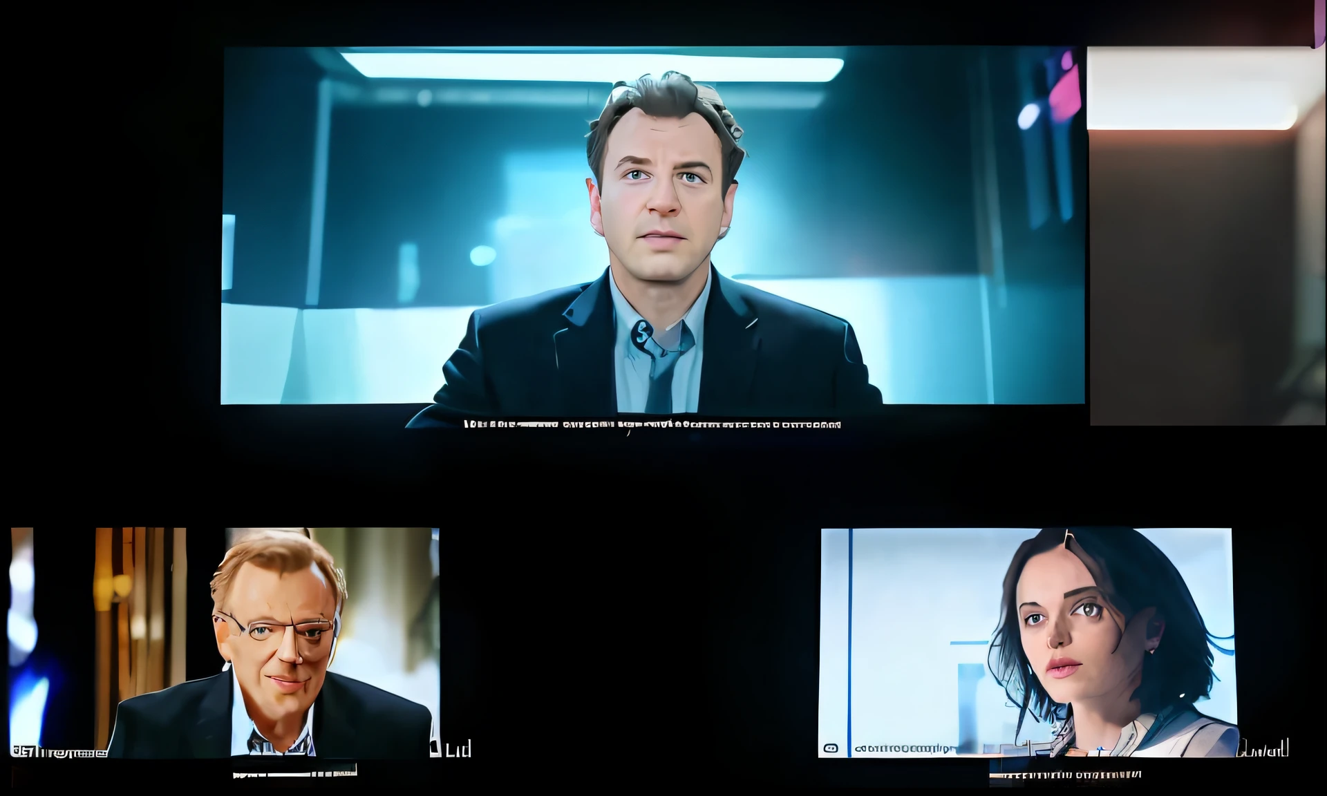 arafed screen showing a series of four people on a television, screenshot from a movie, movie shot, close up to the screen, uhd face details, uhd realistic faces, movie screen shot, ultrarealistic uhd faces, hyperreal movie shot, subtitles, raphael personnaz, movie filmstill, 4 k symmetrical portrait, technological screens