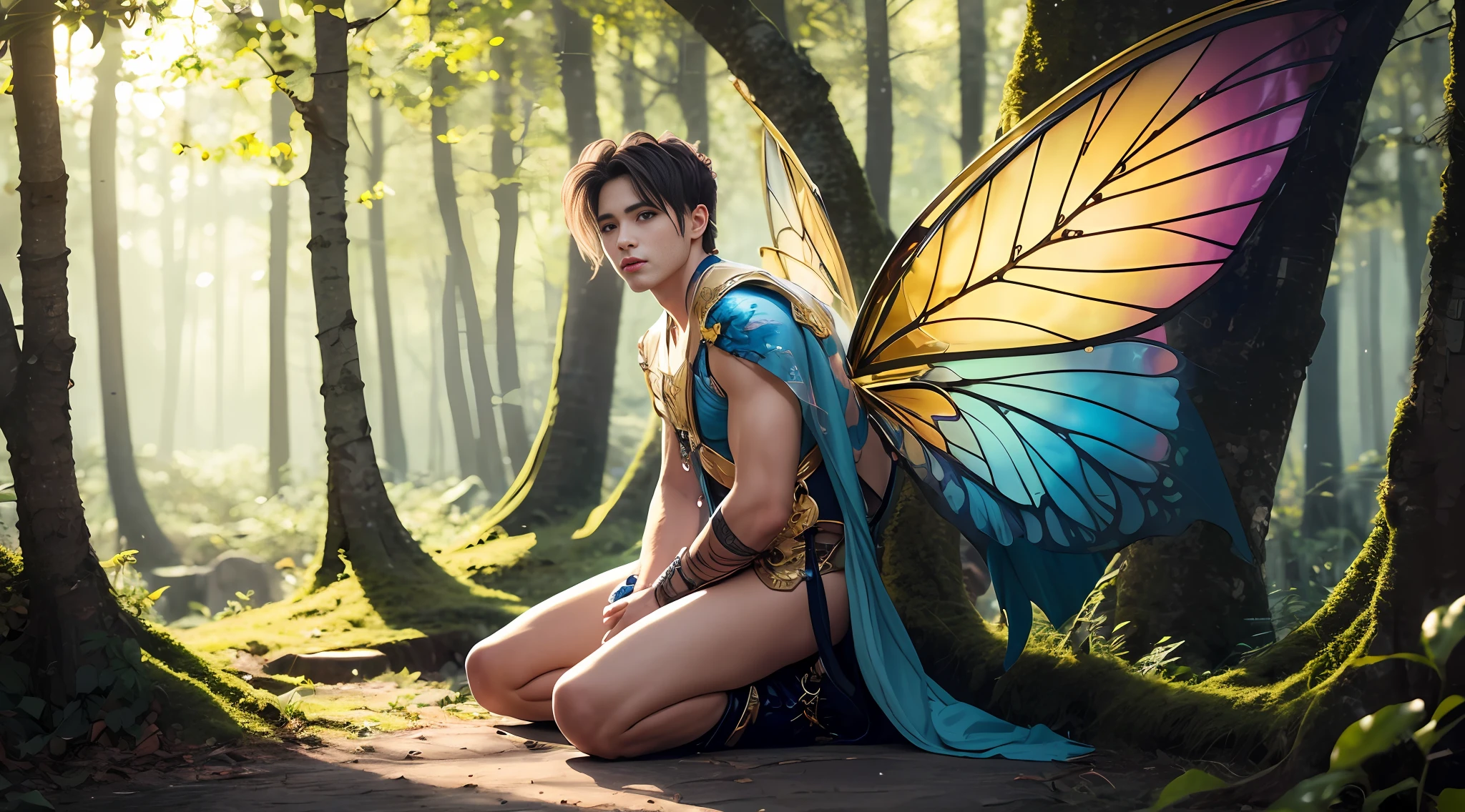 Cute male fairy with blue and gold details, large wings, full body, forest in the background, soft, delicate, symmetrical colors, male face, masterpiece, full body