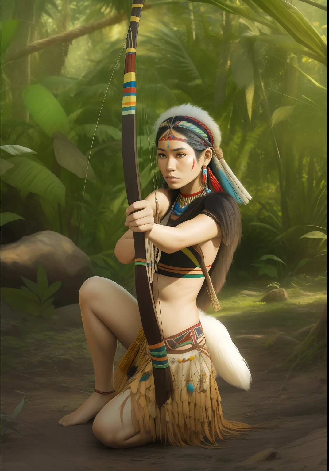 Hyper realistic full body painting of an indigenous Brazilian woman from the Amazon tribe, colorful seed necklaces on her chest, straw skirt, kneeling in battle pose, holds bow and arrow, morning light, jungle, environment, smoky, mystical --auto