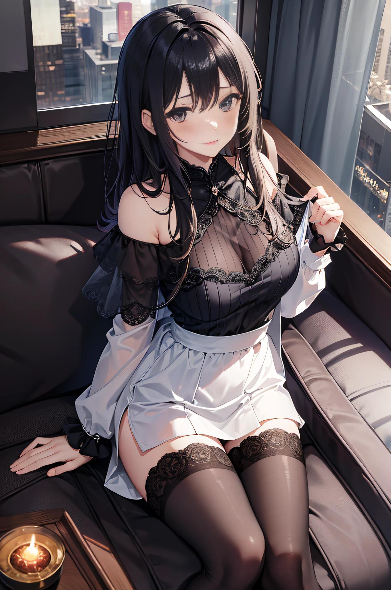 One woman with sexy charm (idol), sofa, perfect anatomy, sitting, (holding knees), underwear, hide, blush, no, off-shoulder dress,