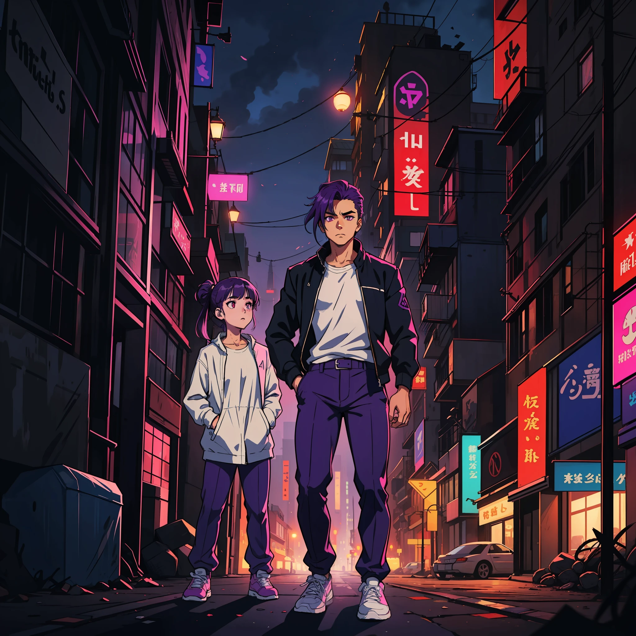 A tall, thin guy, fair skin, purple hair, high bristly hair, pointed hair up, white shirt, dark purple jacket, cream pants, purple sneakers, dark pink eyes, apocalyptic background, destroyed city, nightlife, anime, 2d, cartoon, high quality, detailed, 4k