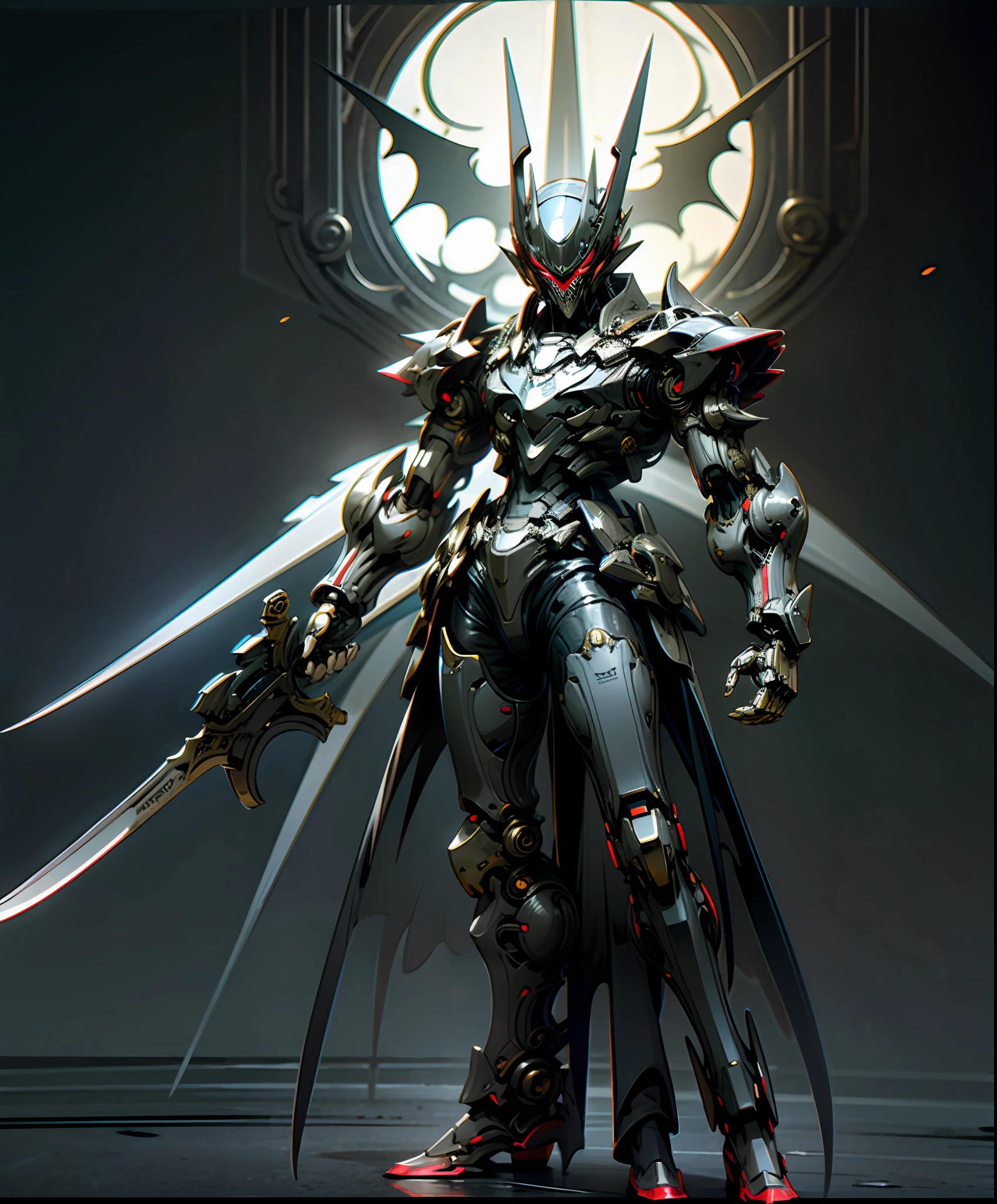 Joker, in full armored red black armor, buff full body, standing in Gotham city looking at me , darkness surrounding, dark knight position, reflective details, 4k quality , full hd, sharp details ,Raw foto,Dark_Fantasy, Cyberpunk, (Big Revolver, Sword Man, Red: 1.1), 1man, Mechanical Wonder, Robotic Presence, Cybernetic Guardian,