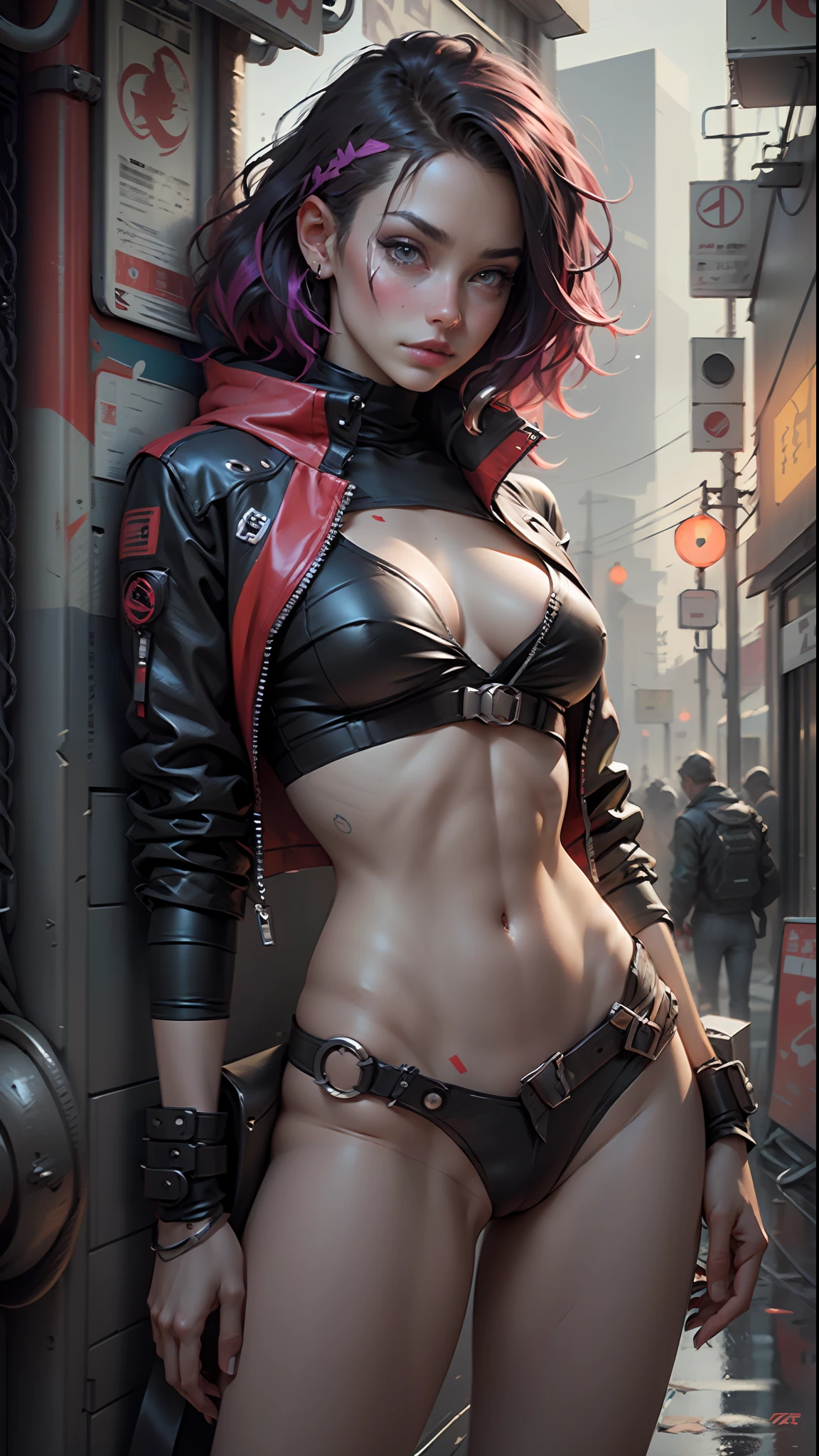 Beautiful woman, dyed hair, sexy, sexy leather clothes, defined abdomen. long breasts, cyberpunk style, realistic details, close, portrait