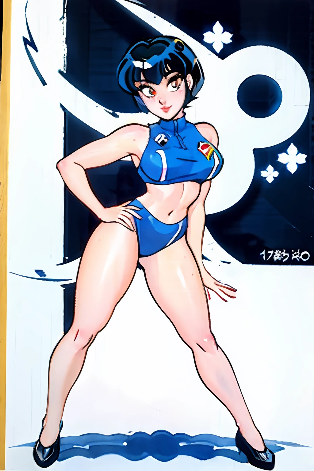 /draw [retro anime], old anime, 1980s \(style\), 1990s \(style\), watercolor \(medium\), ((best quality)), ((masterpiece)), [detailed], [anime and manga image], [captivating], [enchanting], [large hips], wide hips, race queen, race queen outfit, race queen cosplay, one-piece swimsuit, breast window, navel, tight clothes, white background, (hyperdetailed:1.15), [detailed], ((best quality)), ((masterpiece)), (soft light, sharp:1.2), (illustration, uhd, unreal engine, sharp focus,), op quality, best quality, official art, ultra detailed texture,op quality, best quality, official art, ultra detailed texture, ultra detailed hands, ((art by takehiko inoue)), [pixiv], pinup pose, pin-up portrait, full body portrait, full body