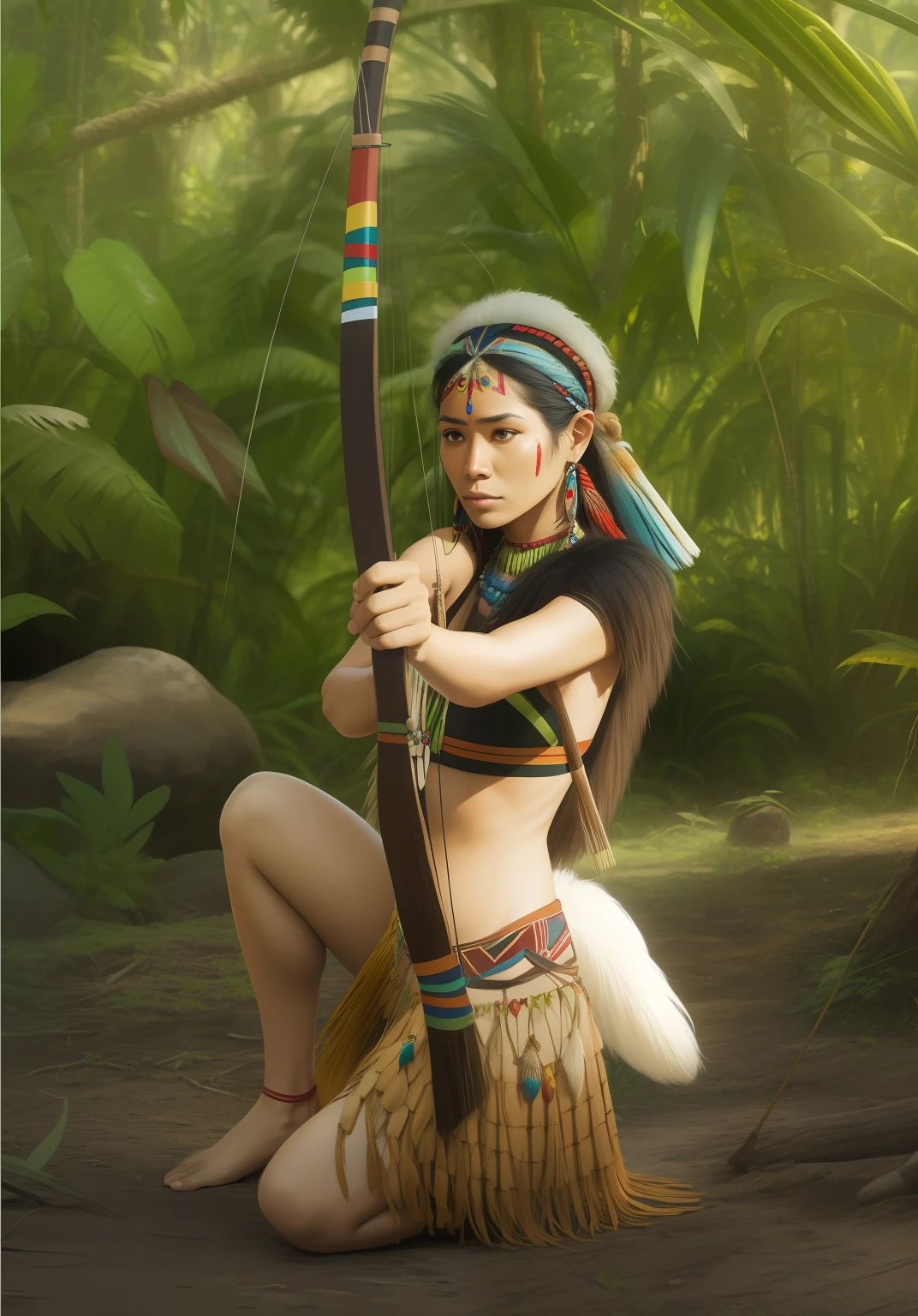 Hyper realistic full body painting of an indigenous Brazilian woman from the Amazon tribe, colorful seed necklaces on her chest, straw skirt, kneeling in battle pose, holds bow and arrow, morning light, jungle, environment, smoky, mystical --auto