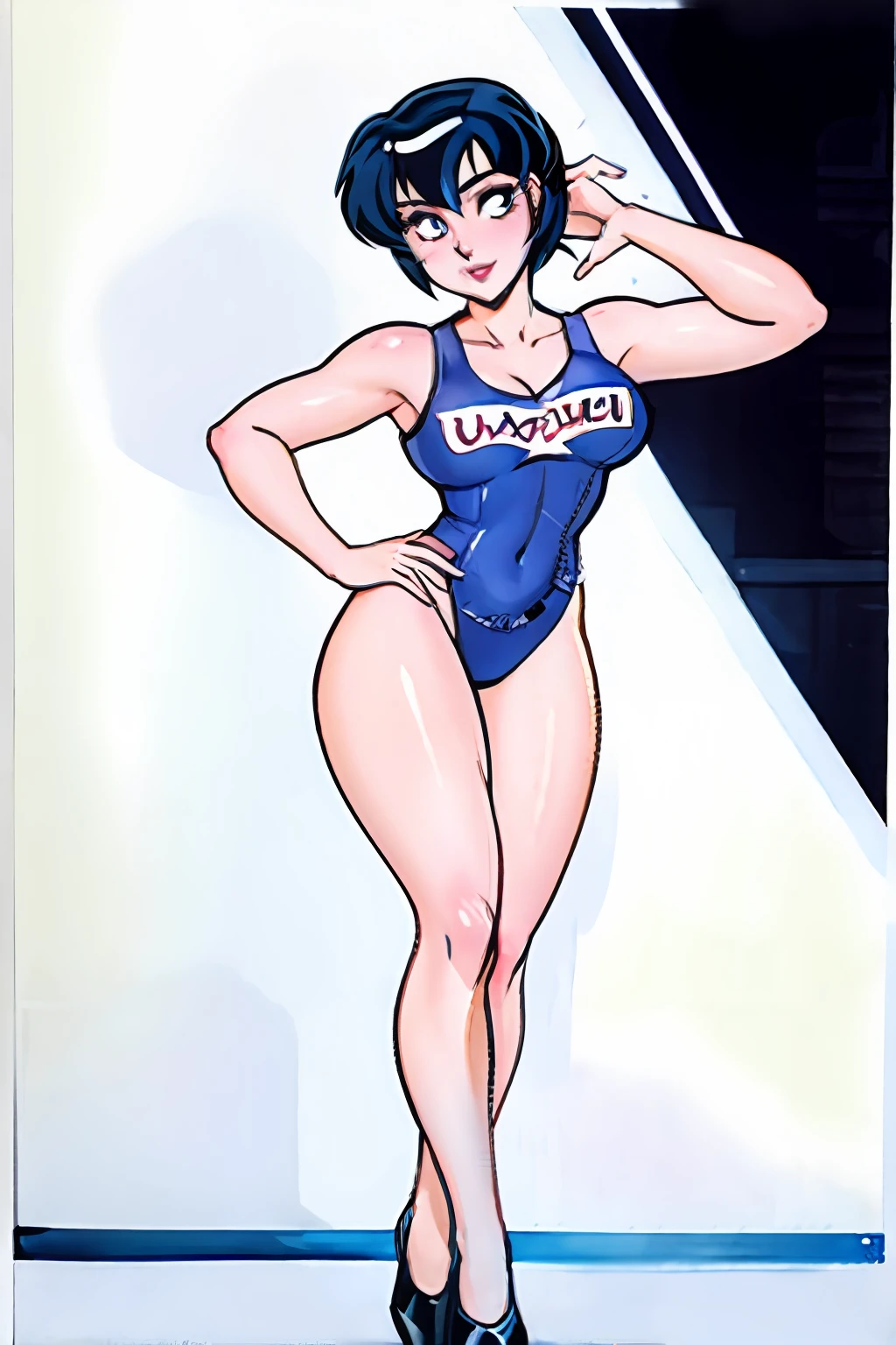 /draw [retro anime], old anime, 1980s \(style\), 1990s \(style\), watercolor \(medium\), ((best quality)), ((masterpiece)), [detailed], [anime and manga image], [captivating], [enchanting], [large hips], wide hips, race queen, race queen outfit, race queen cosplay, one-piece swimsuit, breast window, navel, tight clothes, white background, (hyperdetailed:1.15), [detailed], ((best quality)), ((masterpiece)), (soft light, sharp:1.2), (illustration, uhd, unreal engine, sharp focus,), op quality, best quality, official art, ultra detailed texture,op quality, best quality, official art, ultra detailed texture, ultra detailed hands, ((art by takehiko inoue)), [pixiv], pinup pose, pin-up portrait, full body pin-up, full body portrait